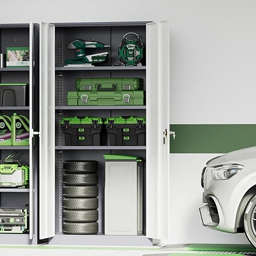 Vista 172 de INTERGREAT Armario de almacenamiento de metal, armarios de acero con cerradura de 72 pulgadas de alto con puertas de bloqueo, armario de Gris blanco