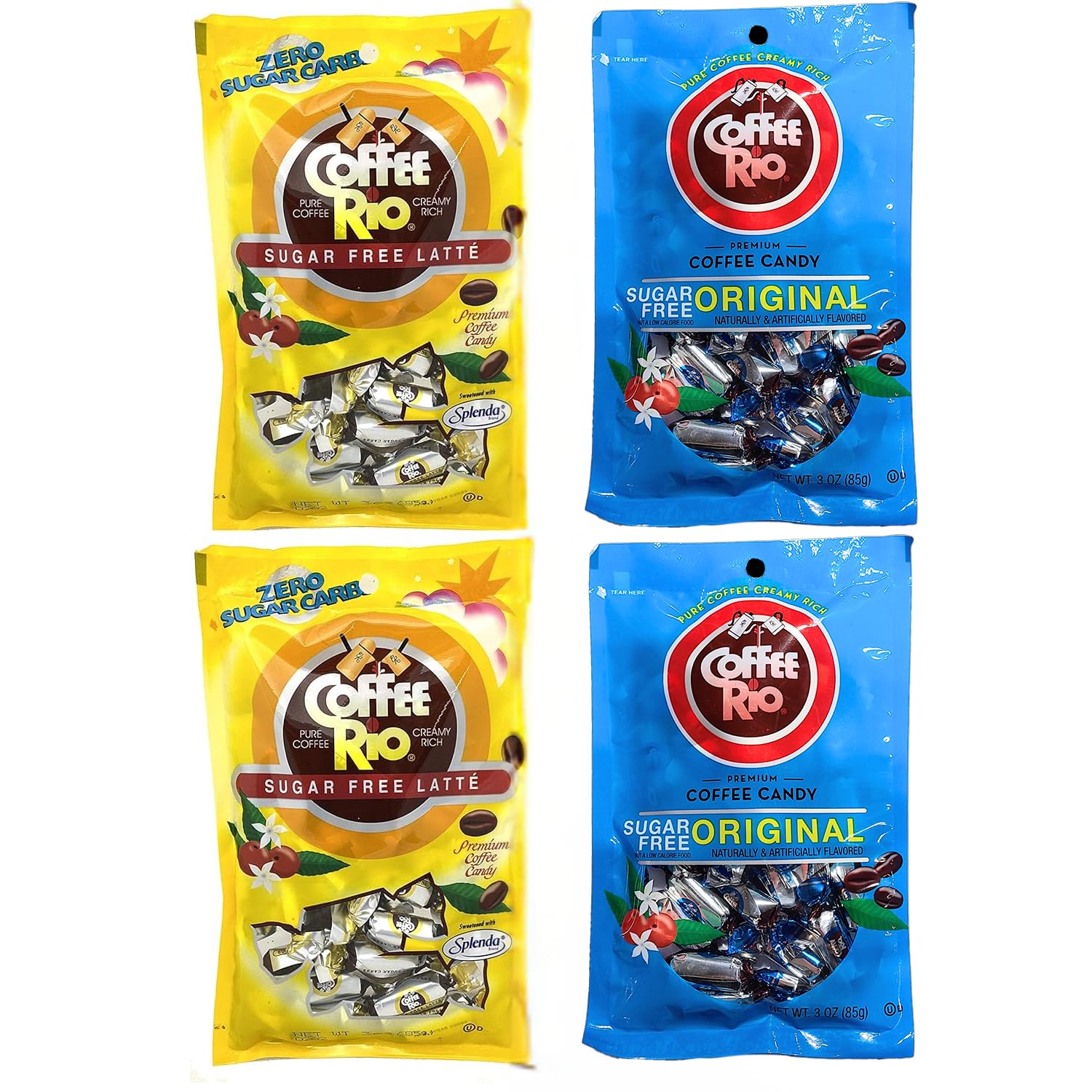 Coffee Rio Sugar Free Latté and Original Coffee Candy, Variety Pack of 4 (3 oz Each) - Individually Wrapped Sugar Free Hard Candies Blended w/Fresh Dairy Cream - Kosher Certified Zero Sugar Candies