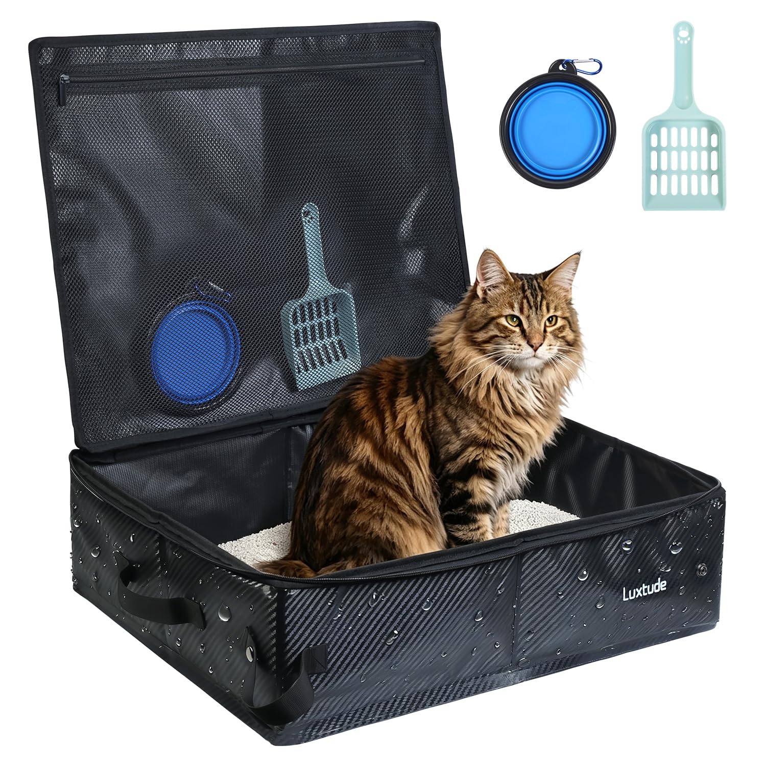 Luxtude Collapsible Travel Litter Box for Cats, Waterproof & Smell-Proof Portable Cat Litter Box, Sturdy Shape and Hard Bottom for Car, Hotel, and Outdoor Use