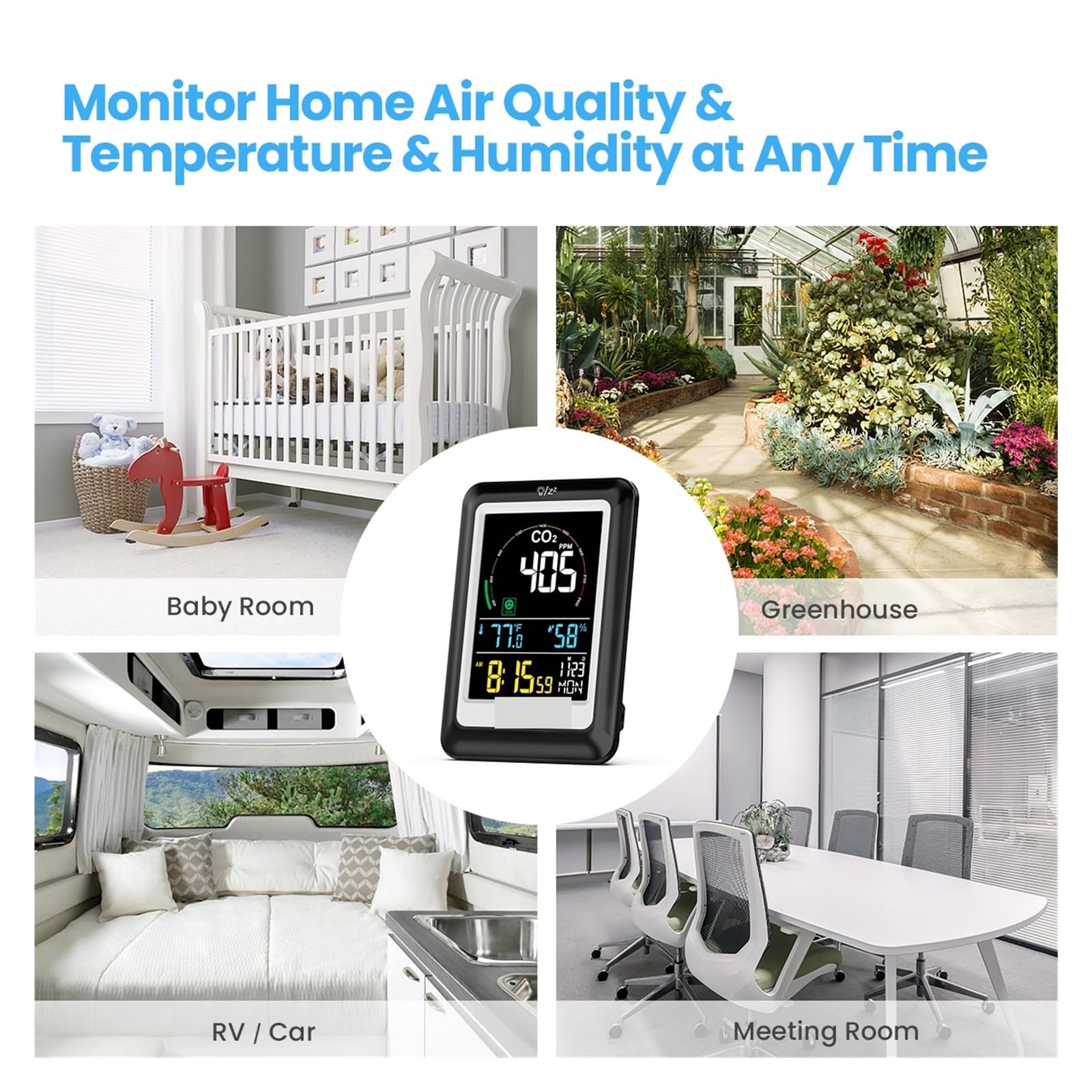 Misuratore Qualità dell'aria, Monitor a qualità 'aria 5 in 1 Misuratore di CO2 Rilevatore in tempo reale Misuratore di anidride carbonica Rilevatore digitale di umidità di temperatura per Casa Cucina