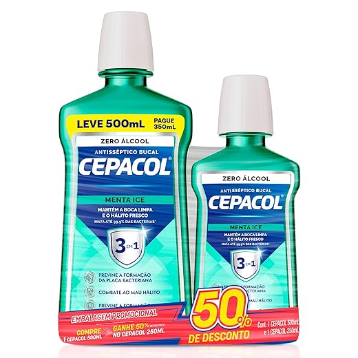 Cepacol - Kit Enxaguante Bucal Menta Ice - Sem Álcool, Refrescante e Antisséptico - Proteção Prolongada - 500ml + 250ml