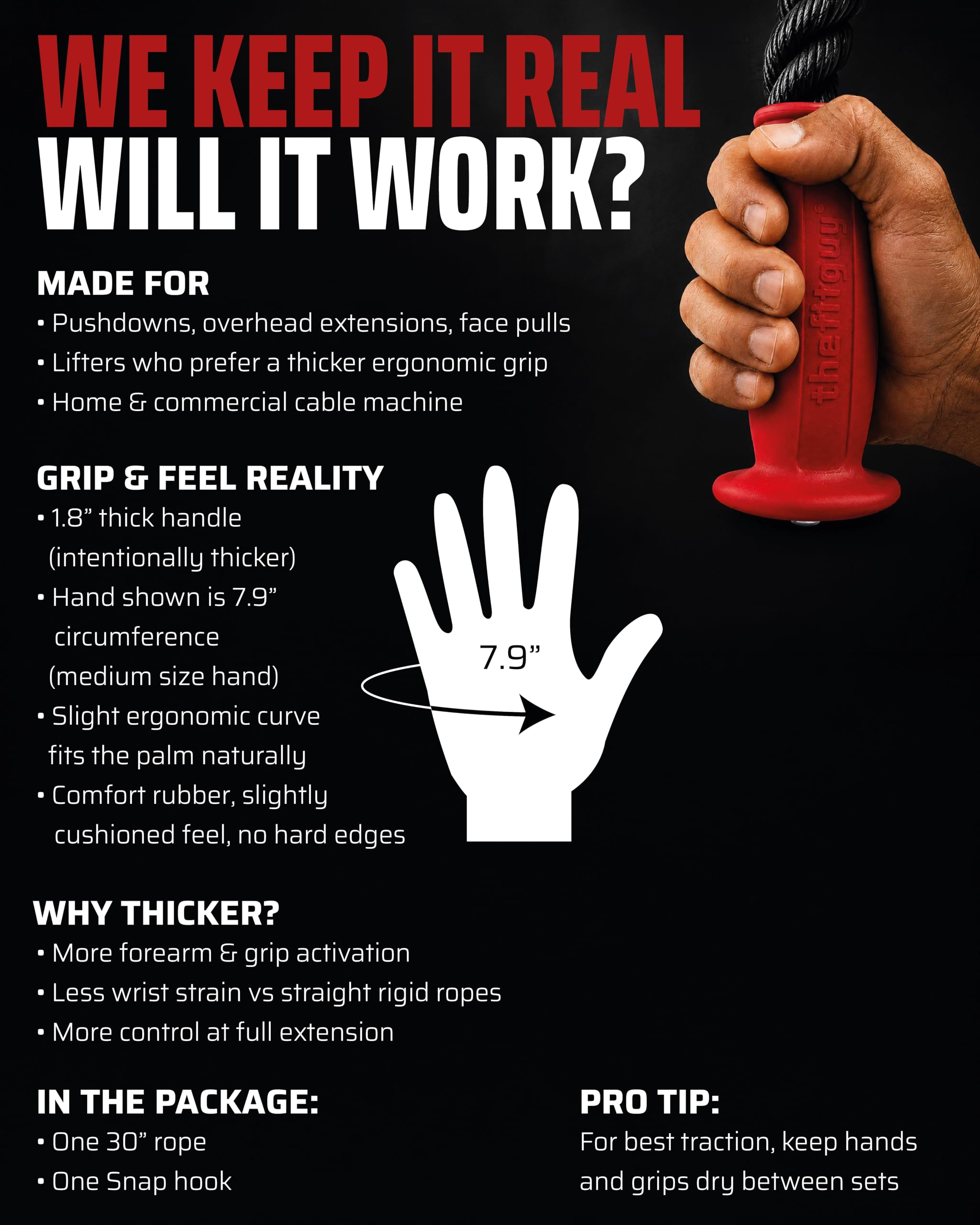 THEFITGUY Grip Fit Tricep Linka ściągana - 76 cm ergonomiczne antypoślizgowe uchwyty mocowanie kabla z metalowym karabińczykiem