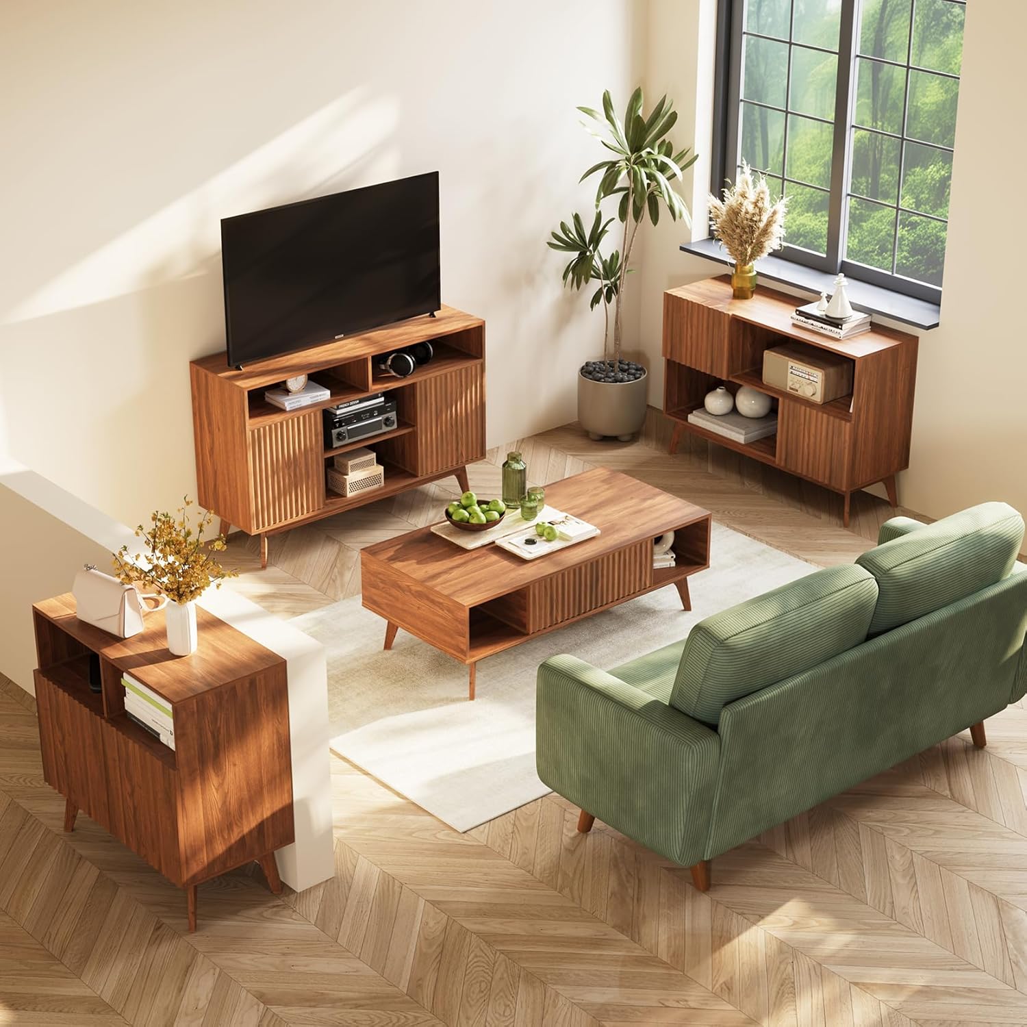 Concho Fluted TV Stand for 60 Inch TV, Modern Entertainment Center with Storage and Shelves, Wood TV Console with Solid Wood Legs, Tall Media Console, TV Cabinet for Living Room and Bedroom, Walnut