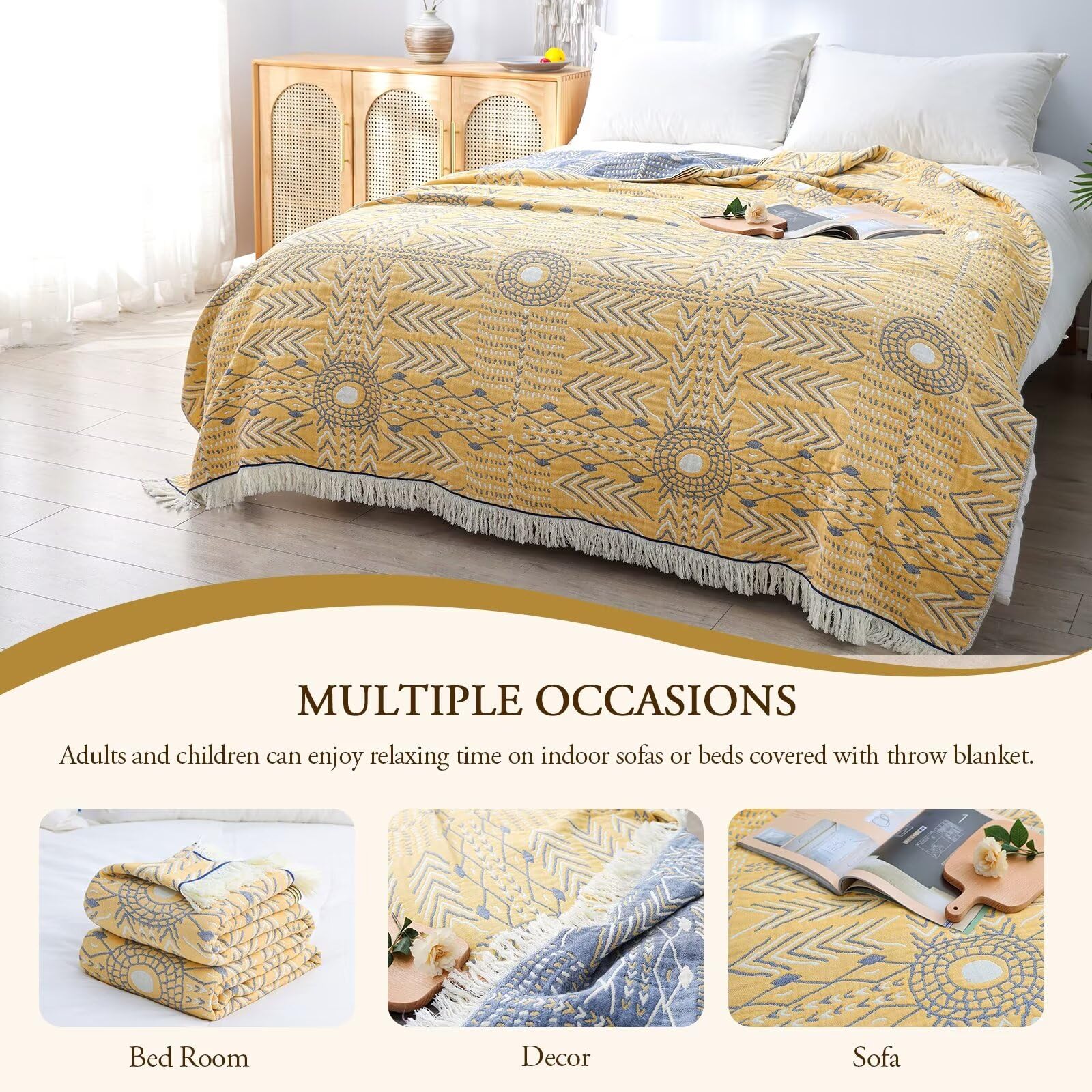 Boho Plaid - Manta reversible ligera 100% algodón para todas las estaciones, suave y transpirable, perfecta para cama, sofá y granja, flores, edredón