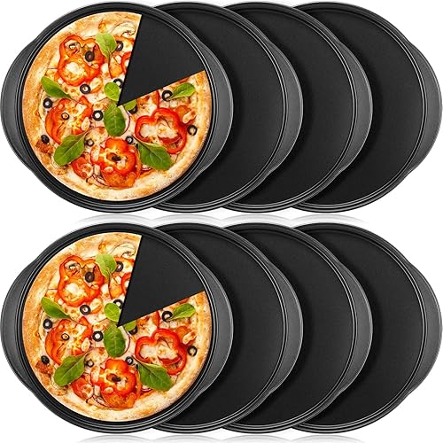 Skylety 8 Pieces Pizza Pans with Handles 14 Inch Round Baking Sheet for Oven Nonstick Carbon Steel Black Binaural Crisper Pizza Tray Bakeware for