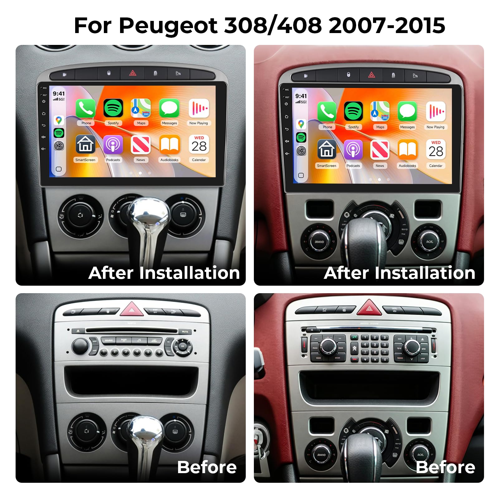 2+64G Android Autoradio per Peugeot 308 408 2007-2015 Wireless Carplay Android Auto, 9'' IPS Touchscreen Radio con Bluetooth/GPS/Telecamera di Retromarcia/FM/WiFi/SWC/26UI