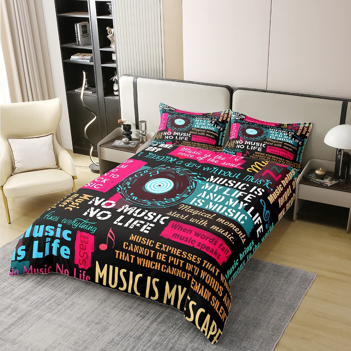 100% Natürliche Baumwolle Rock Musik Bettbezug 135x200,Jazz Musik Bettwäsche Set für Kinder Teens Jungen Mädchen Mann Hip Hop Graffiti Komfortbezug,Musik Noten Bett Sets mit1 Kissenbezug