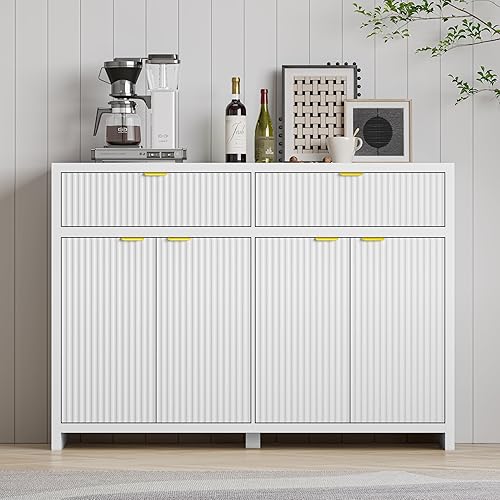 Fluted Sideboard Buffet Cabinet with Storage and Large Drawers, 55" W Credenza Storage Cabinet for Living Room or Entryway, 40'' H Farmhouse Buffet Table with Adjustable Shelves, Console Cabinet