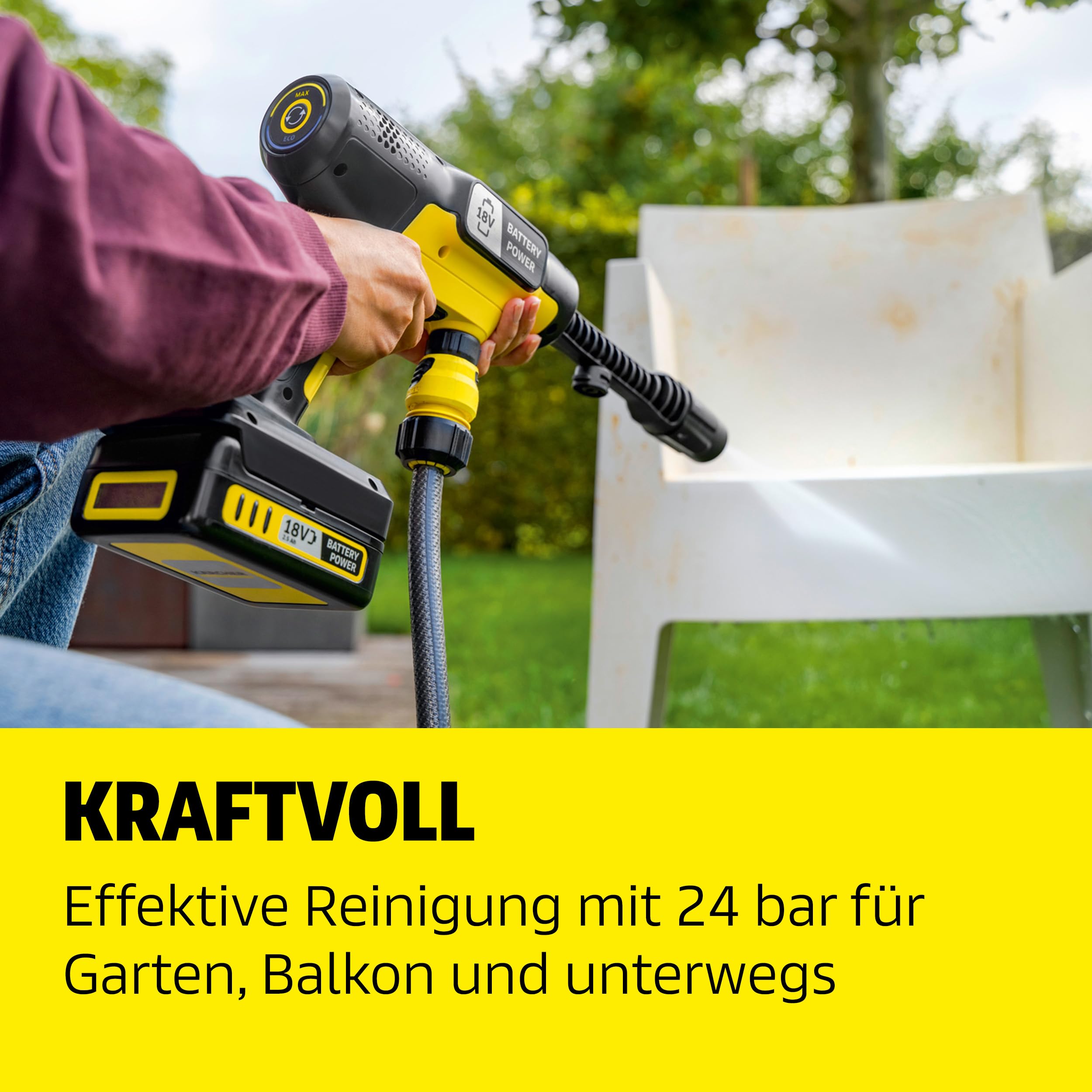 Kärcher Akku-Druckreiniger OC 7-18 Handheld, mobiler Outdoor-Reiniger, Druck: max. 24 bar, 250 l/h, 5-in-1 Multi Jet, Saugschlauch, Schaumdüse, verwendbar mit dem Kärcher 18-V-Akku, ohne Akku