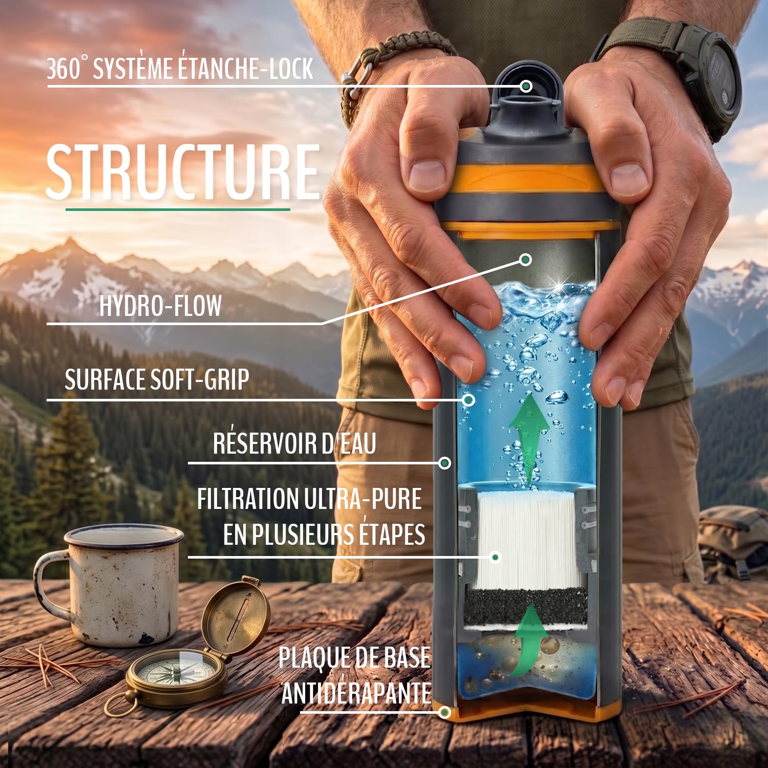 Gourde Filtrante pour Eau Non Potable I Filtre Eau Survie 0,01μm I Purificateur d'eau survie 500 ml I Filtre eau randonnée 3000 I Sans BPA avec mousqueton I Anti-fuites 360°