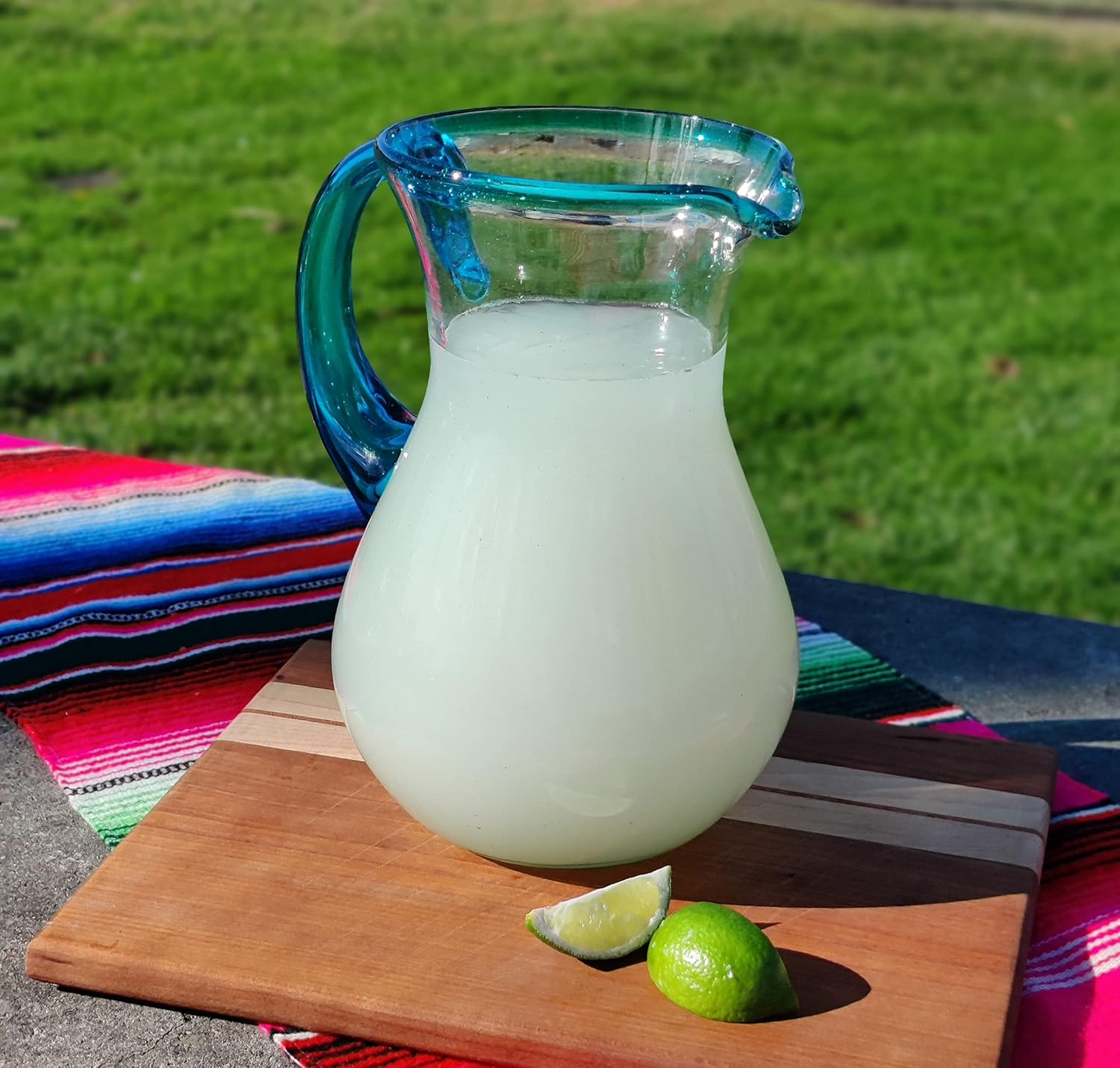 Mexican Hand Blown Glass Pitcher – Aqua Rim and Handle (84 oz) - Image 2