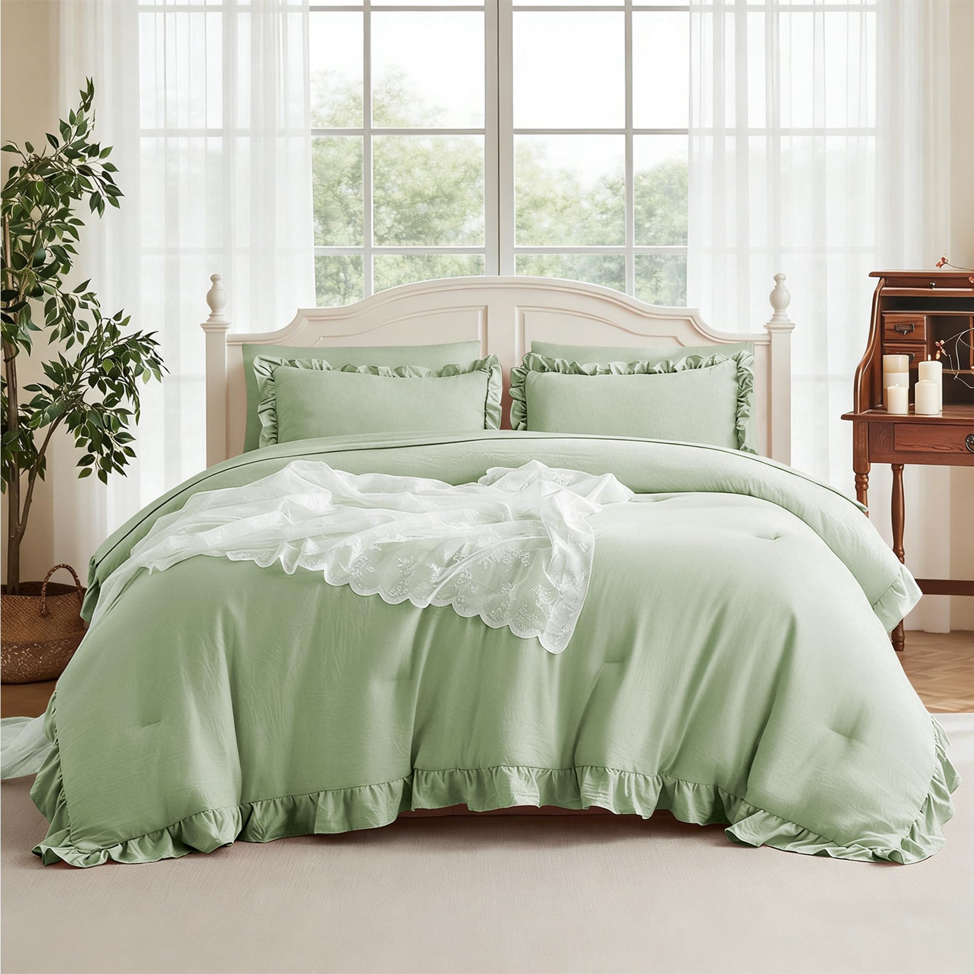 MR&HM King Comforter Set Light Green 7 Pieces - Ruffle Bedding Sets for Girls Women, Vintage Farmhouse Shabby Chic Bed in a Bag, Ultra-Soft & Fluffy
