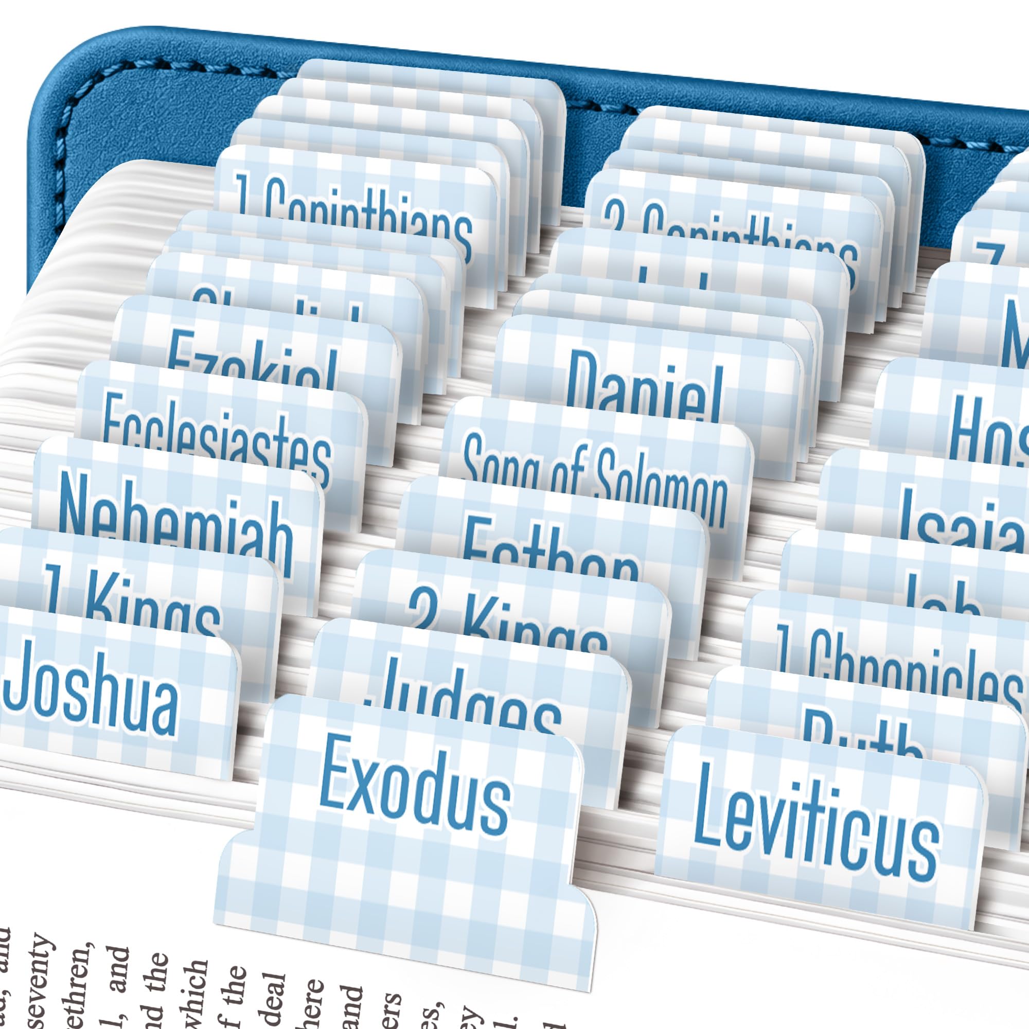 EssexWares - Light Blue Gingham Bible Tabs for Old and New Testament, 80 Large Print Tabs for Bible Study, Water-Resistant and Durable Index Tabs for Women and Men - 1.7" Wide