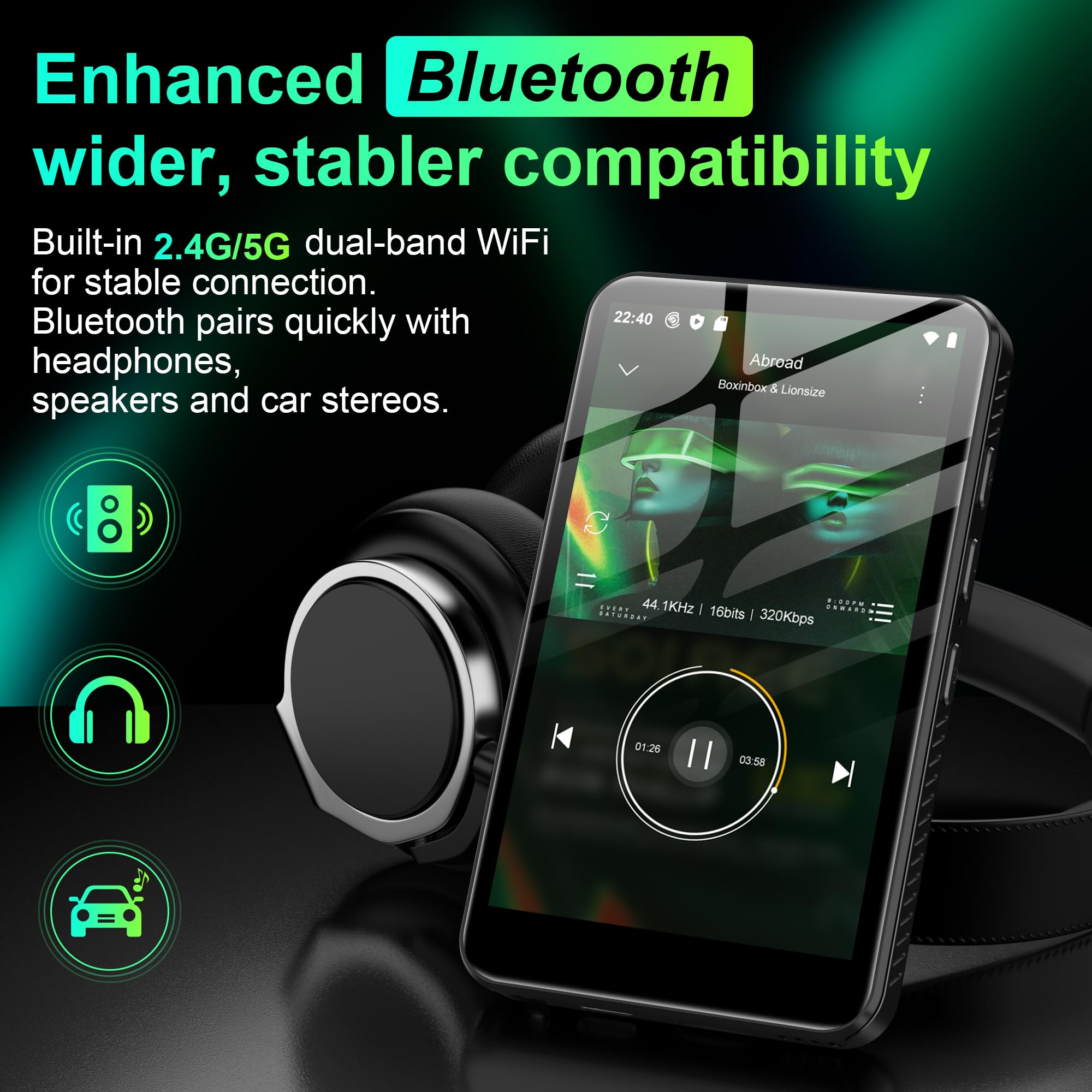 SWOFY D08 Android 13 MP3 Player 32GB, 4 Zoll Touchscreen mit Bluetooth & WiFi, Unterstützt Spotify, Audible, Play Store & FM Radio, Erweiterbar bis 1TB, für Unterwegs