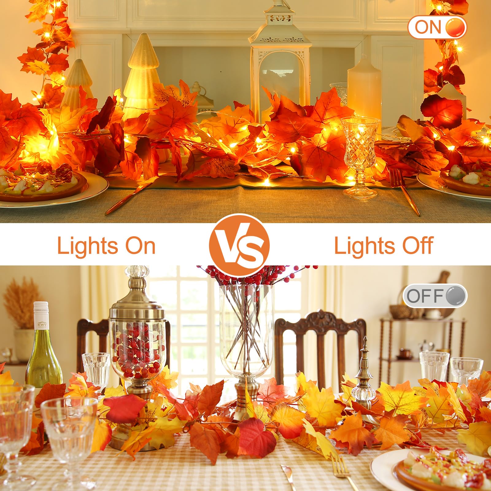 Joyhalo Paquete de 6 guirnaldas de otoño con luces, hojas artificiales de otoño, decoración de otoño con cadena de luces LED de 6.5 pies, hojas de arce colgantes para mantel, marco de puerta, chimenea