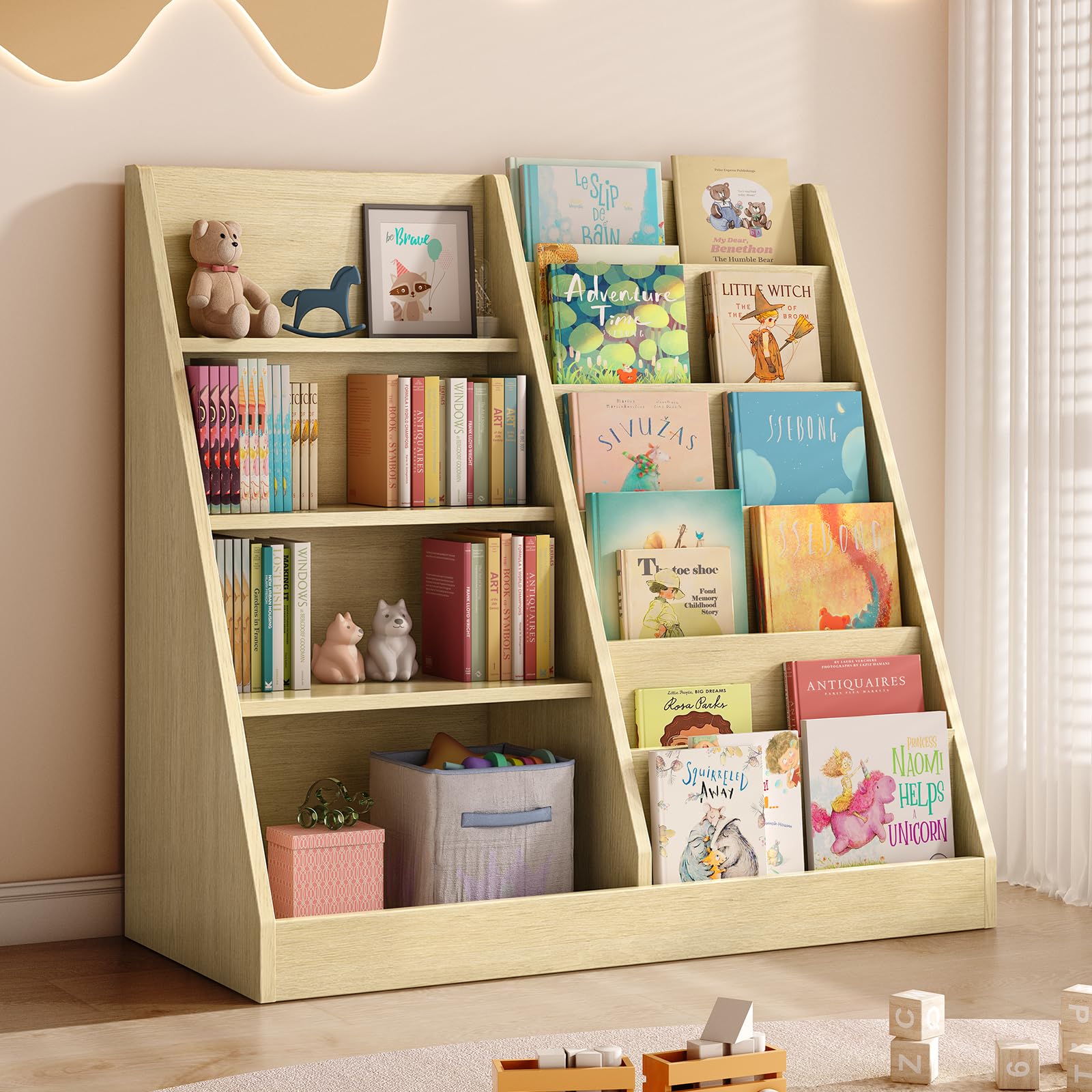 Tatub 6 Tier Kids Wooden Bookshelf and Toy Storage, Natural Wood