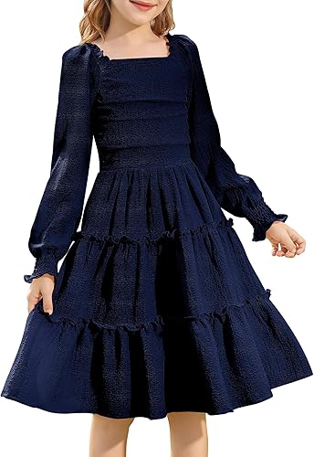 HOZIY Girls Long Sleeve Dress Ruched Smocked Tiered Ruffle A-Line Casual Boho Teen Dresses with Pocket Size 6-16 Years