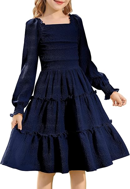HOZIY Girls Long Sleeve Dress Ruched Smocked Tiered Ruffle A-Line Casual Boho Teen Dresses with Pocket Size 6-16 Years
