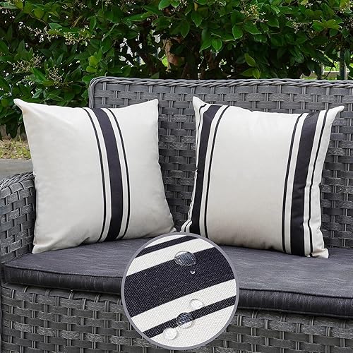 Miniatura 2 de ONWAY Juego de 2 fundas de almohada para exteriores impermeables de 20 x 20 pulgadas, fundas decorativas de lino para cojines de exteriores a rayas