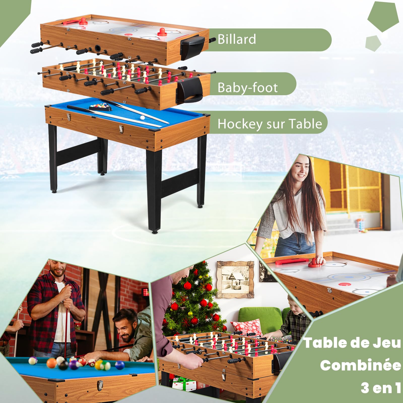 COSTWAY 3 en 1 Table de Baby-Foot avec 26 Joueurs & Hockey & Billard, Table de Jeu Empilable avec Marqueur & Accessoires Riches, Patins Antidérapants, Jouet d'arcade pour Fête Bar Salle de Jeux