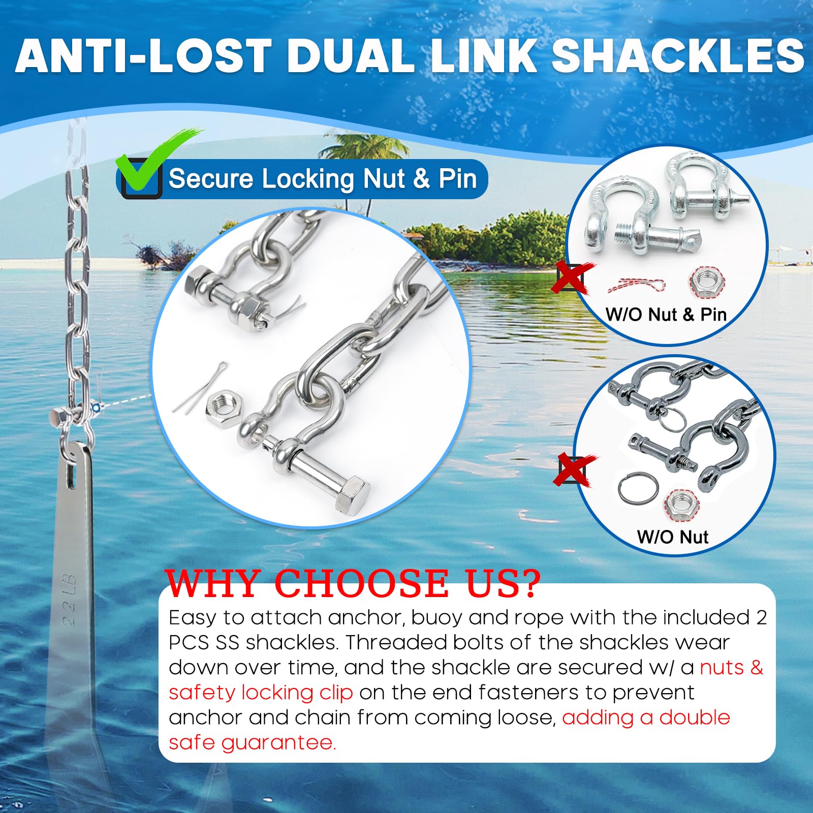 Ankerkette aus Edelstahl 316, Ankerketten-Set in Marinequalität, hochbelastbare 6mm- oder 8mm-Ankerkette mit 2 doppelten Sicherheitsschäkeln an den Enden für Boote, Pontonboote, Deckboote