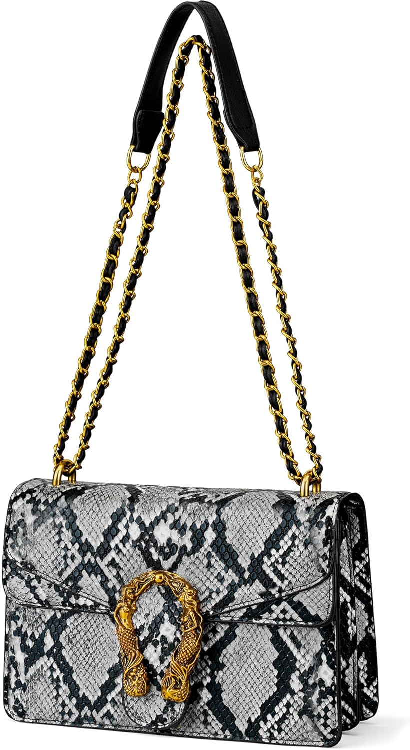 Snake Print Crossbody Purse Womens Snakeskin Leather Shoulder Bag with Chain Strap