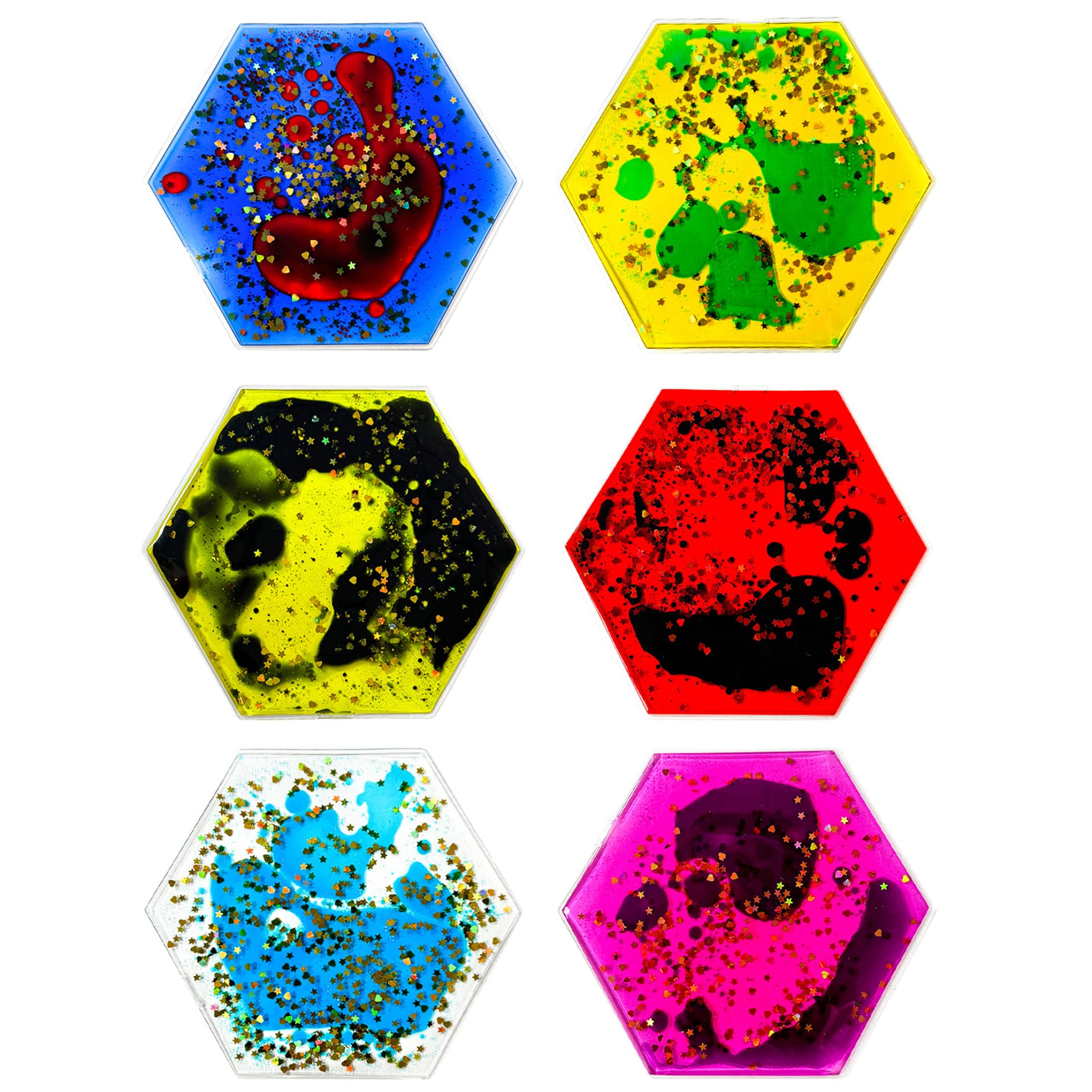Sensory Fidget Toys Hexagon Liquid Filled Sensory ideal for Kids 6 piece Geometric Set With Glitter Play Tools ideal for Calm Down Corner