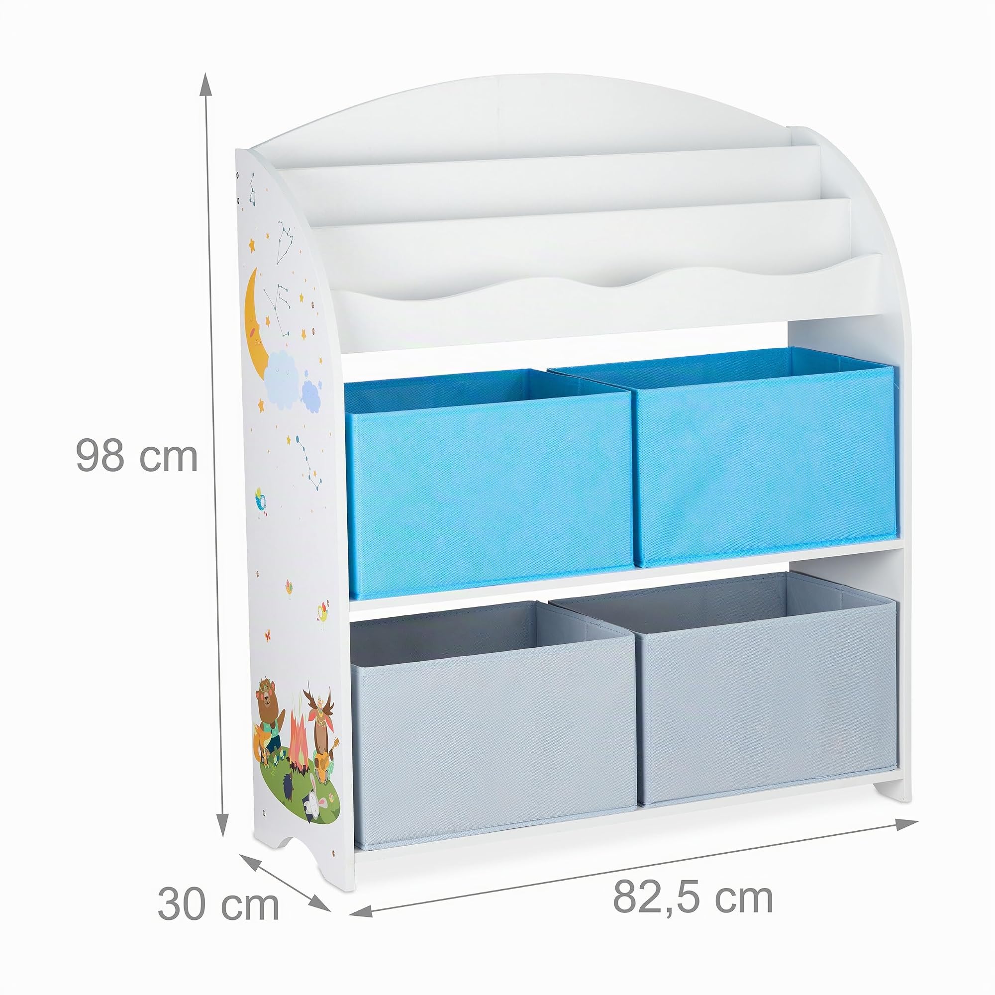 Relaxdays Estantería Infantil, 4 Cajas Tela, Mueble Juguetes, Librería Niños, 98 x 82,5 x 30 cm, Animales, Multicolor