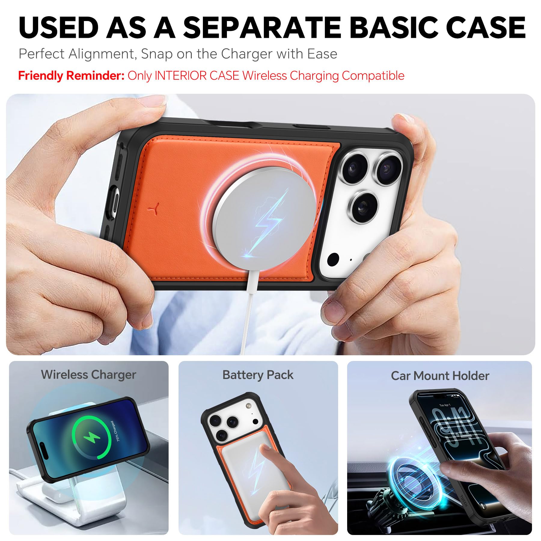 TUCCH Cover 2 in 1 per iPhone 17 Pro 6,3-pollici 5G 2025 [Blocco RFID] | Custodia Pelle PU Antiurto Portafoglio [Slot Schede] Cinturino Rimovibile Flip Cover Cavalletto Magnetica, Arancione Cosmico