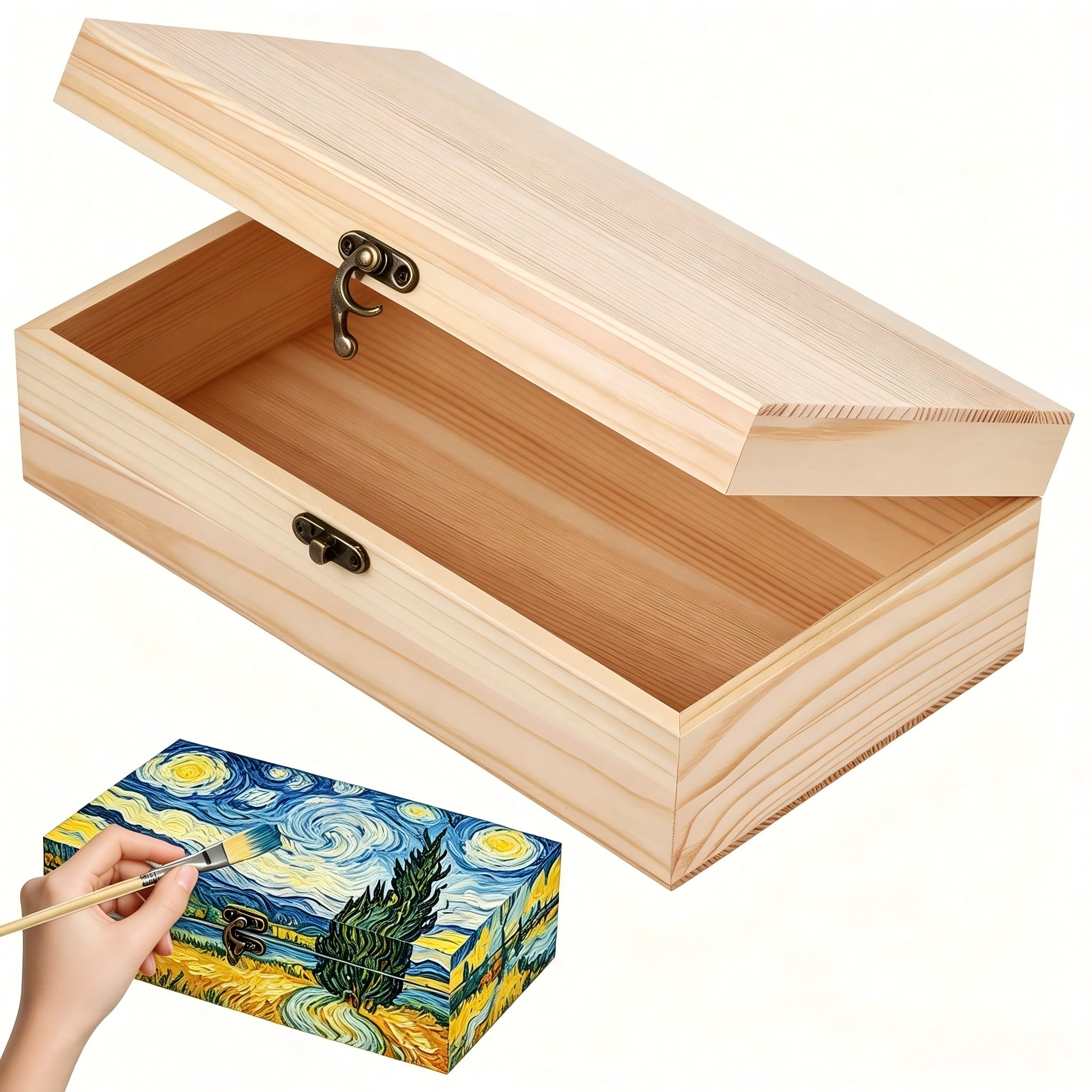 LPVVPEZ Unfinished Pine Wood Box with Hinged Lid & Locking Clasp – 25x15x8cm Small Storage Crate, Blank Natural Wood Craft Box for Painting, DIY Keepsake Organizer, Home Table Decor