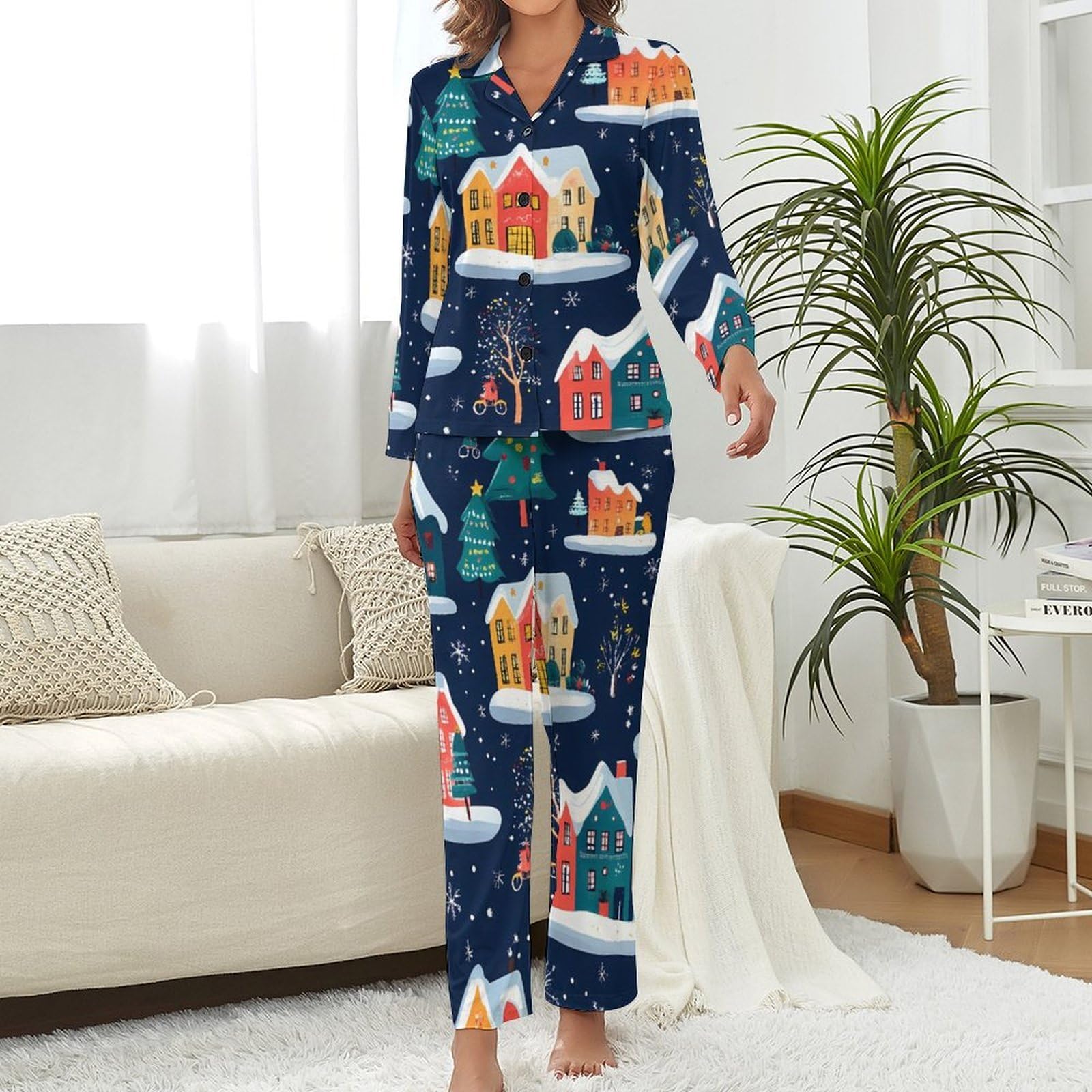 Conjunto de pijama casual de Navidad con diseño de casas coloridas para mujer, pijama de manga larga con botones, ropa de dormir