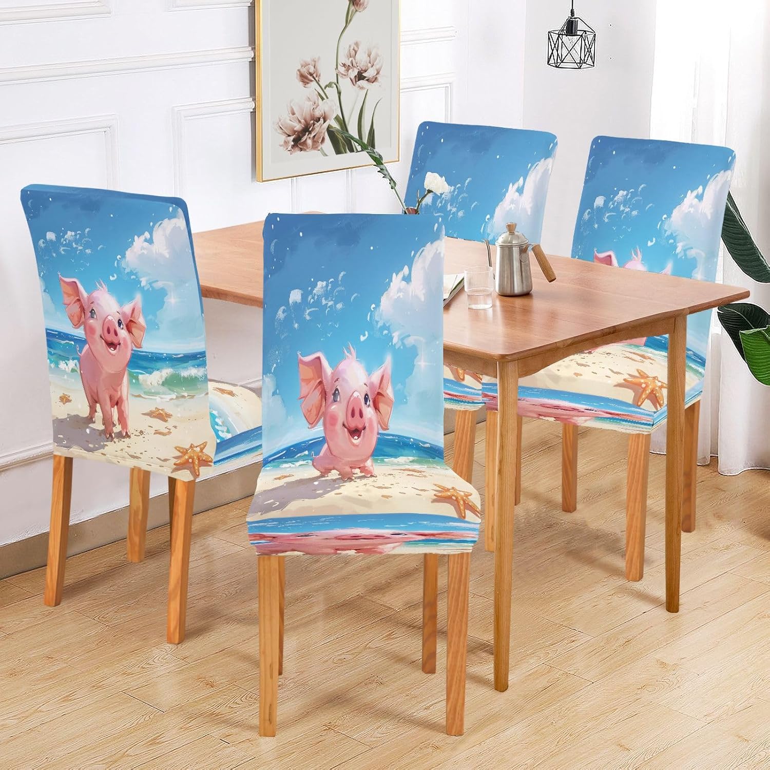 ALAZA Chair Covers for Dining Room, Pig Starfish Beach Stretch Chair Cover Sets Chair Protector Removable Washable for Ktichen Restaurant Hotel