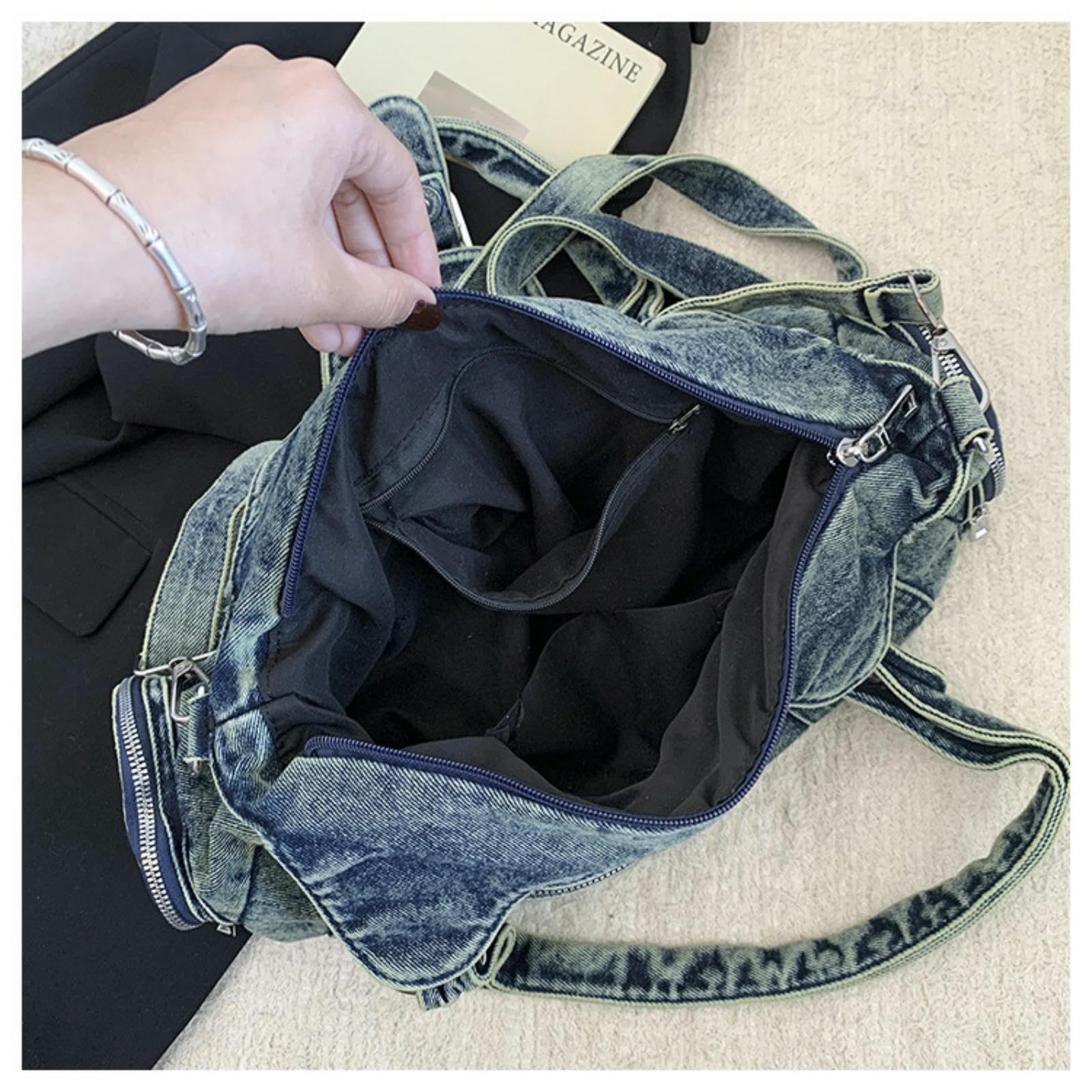 Umhängetasche Einkaufstasche, Damen-Design, Nische, Lässige Handtasche, Große Kapazität, Retro-Pendler-Denim-umhängetasche-schwarz