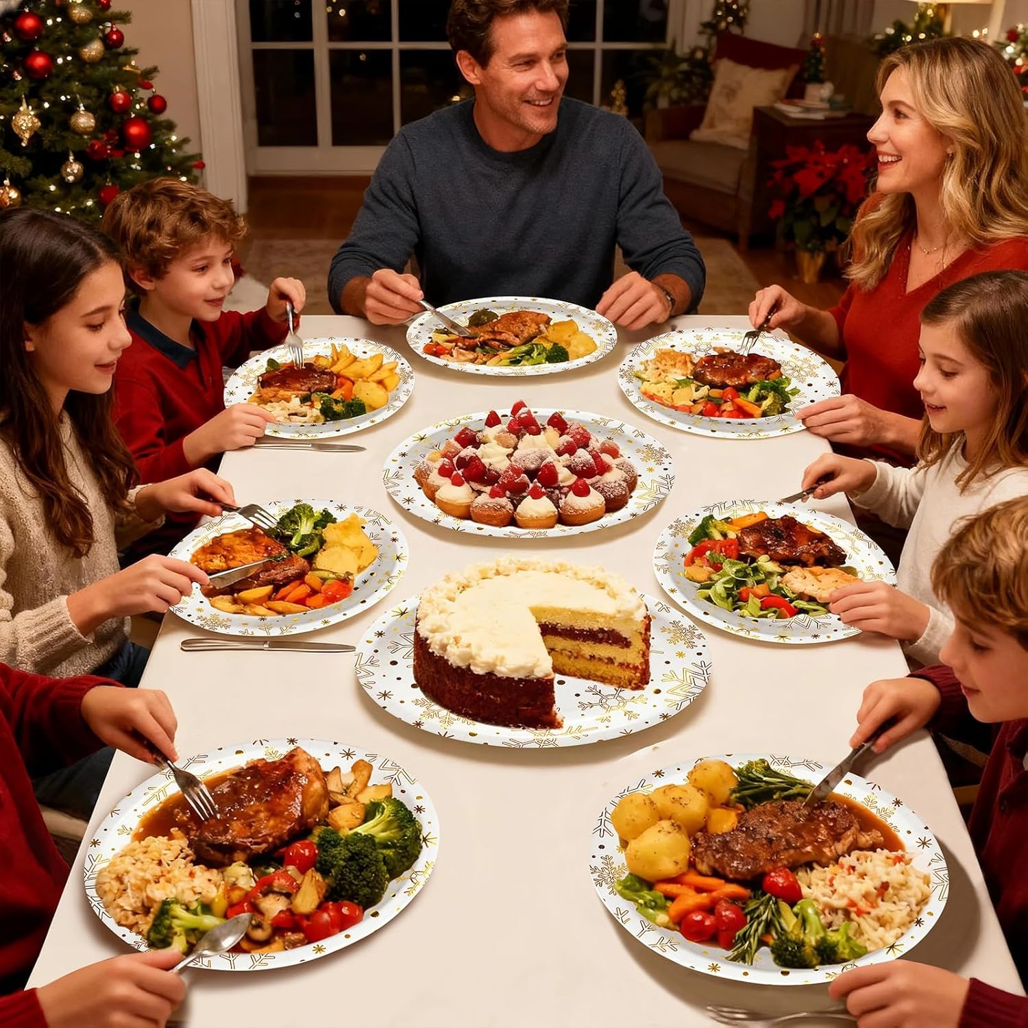 100Pcs Large Christmas Oval Paper Plates, 12"x10" White Gold Snowflake Dinner Plates Heavy Duty Disposable Dinnerware Set for Xmas Winter Wonderland Holiday Party Supplies Kitchen Table Decor