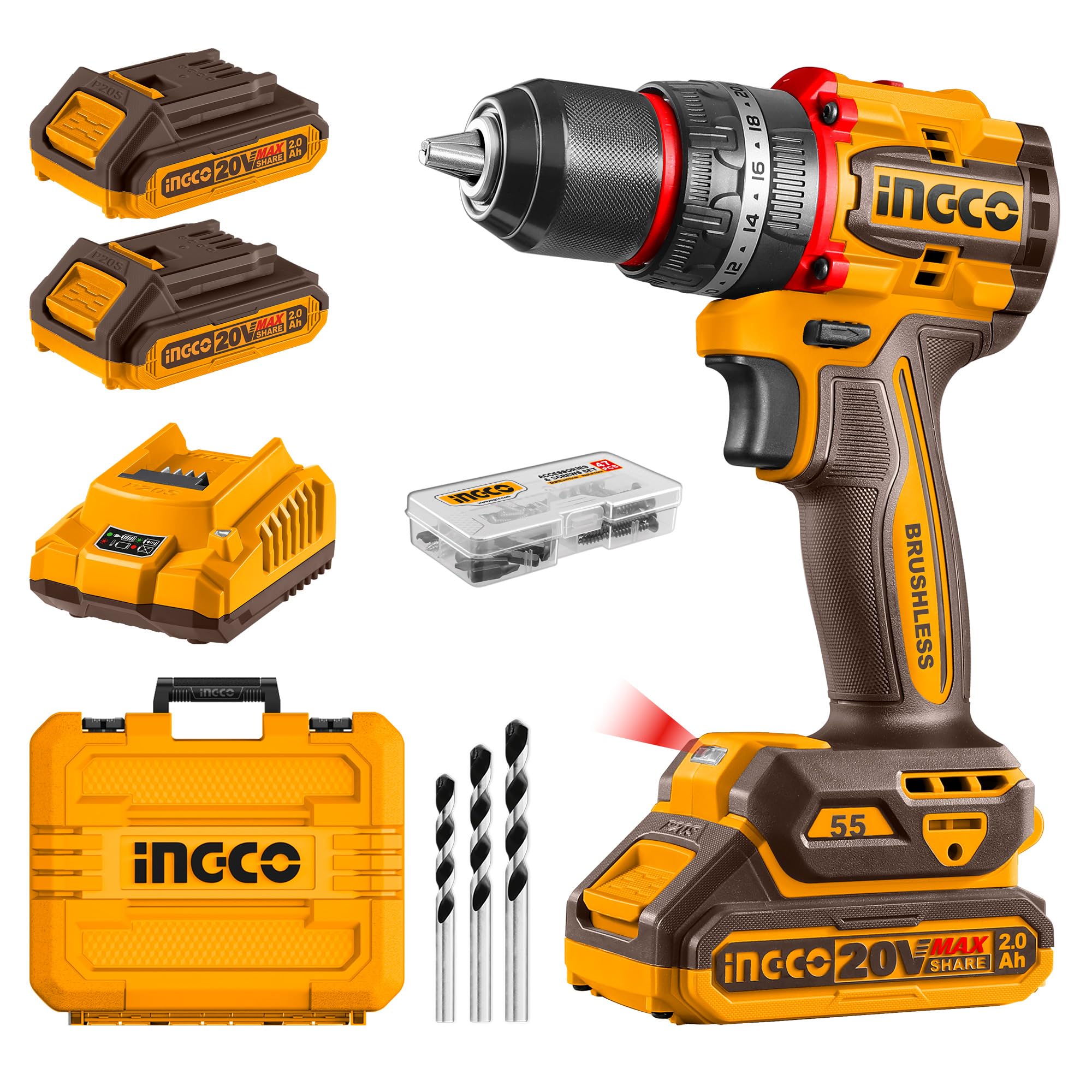 INGCO CIDLI20558 20V Compact Brushless Cordless Impact Drill – 55Nm Torque, 2-Speed, 13mm Metal Chuck, LED Work Light | with 2x 2.0Ah Batteries, Charger, 47pcs Accessory Kit & Carrying Case-picture-12