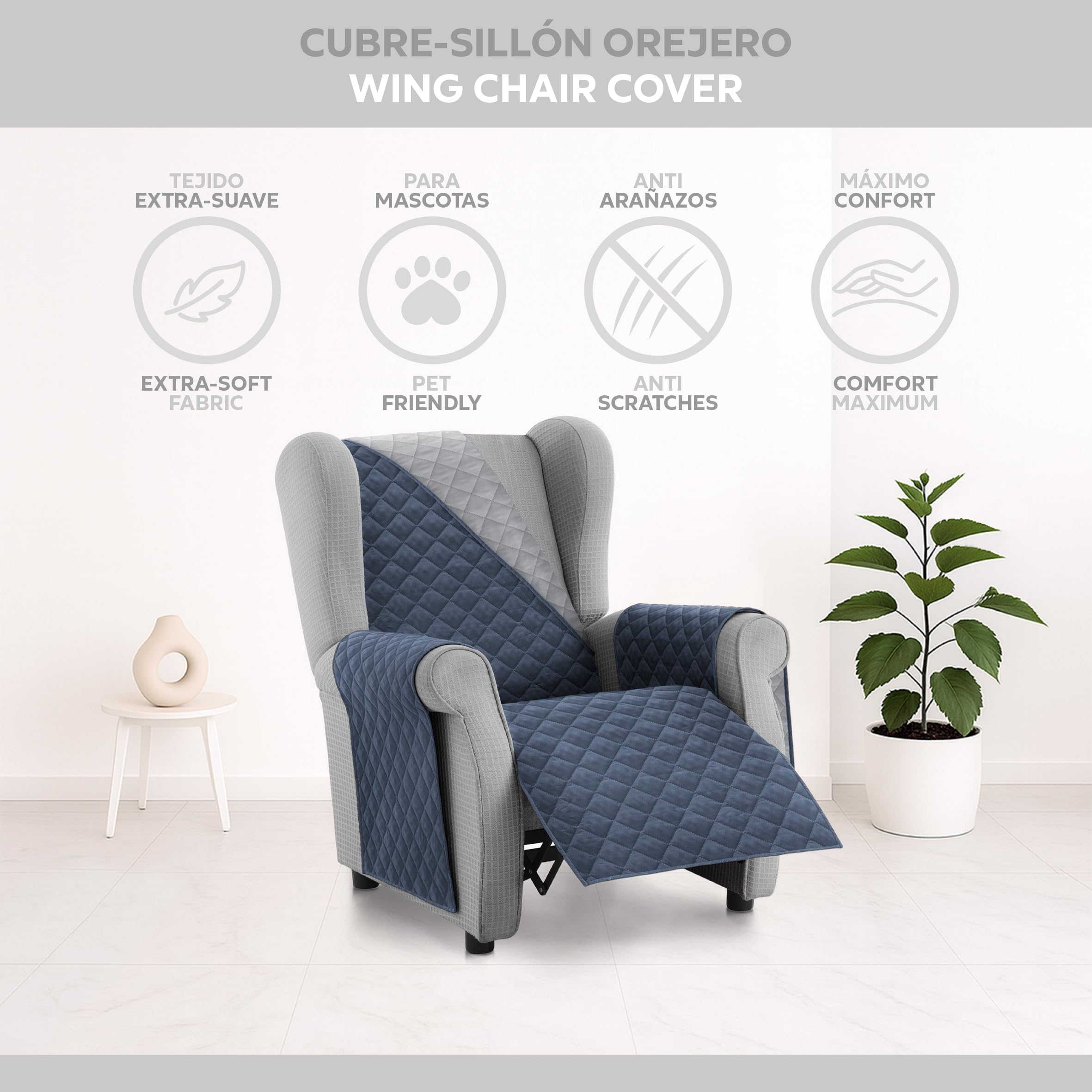 Textilhome Copridivano Malu 1 Posti con Braccioli – Copripoltrona Relax e Orecchioni Reversibile, Imbottito, Protezione Antigraffio per Divani, Colore Blu