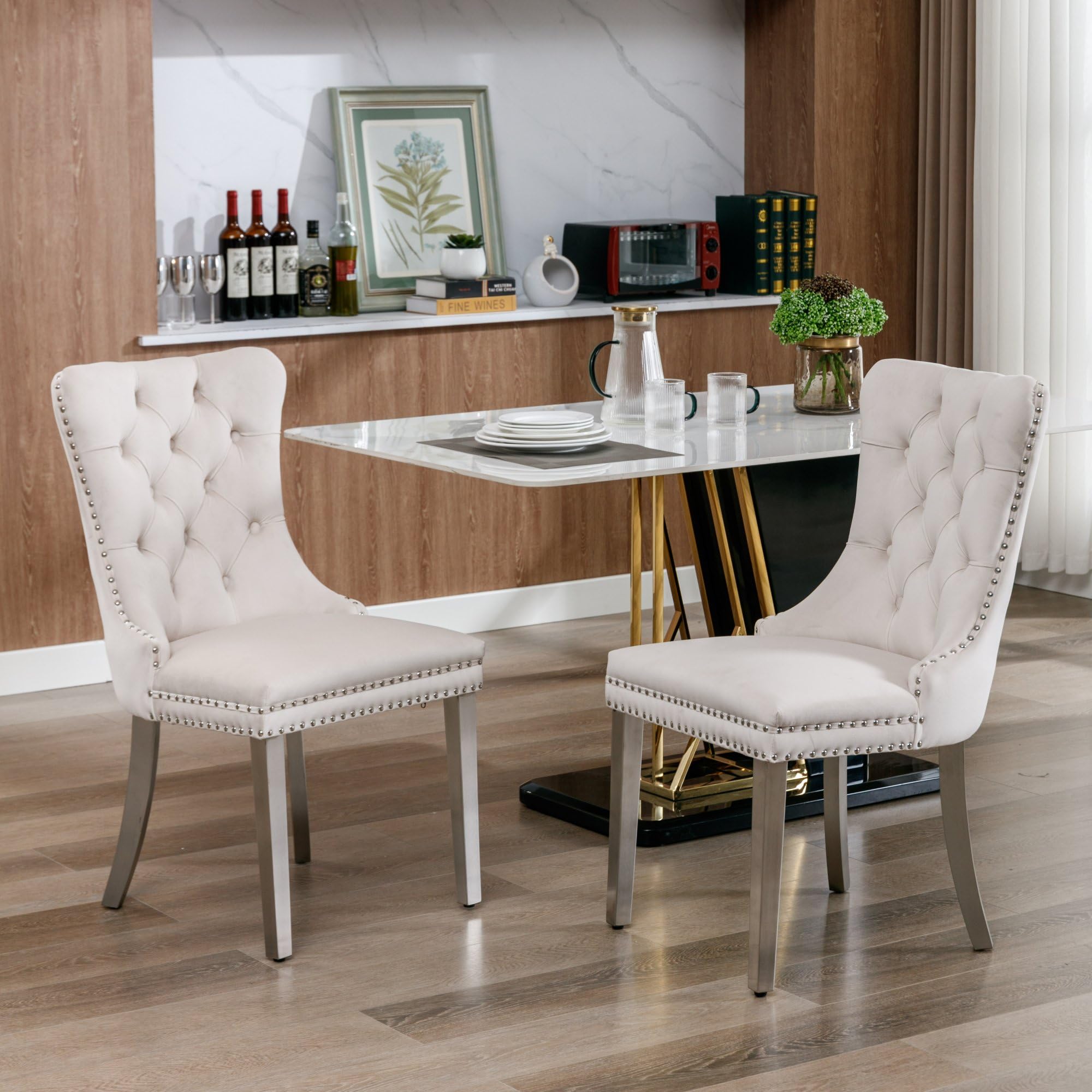 Set di 2 sedie per sala da pranzo, in velluto beige con piedini cromati, sedie imbottite con schienale alto