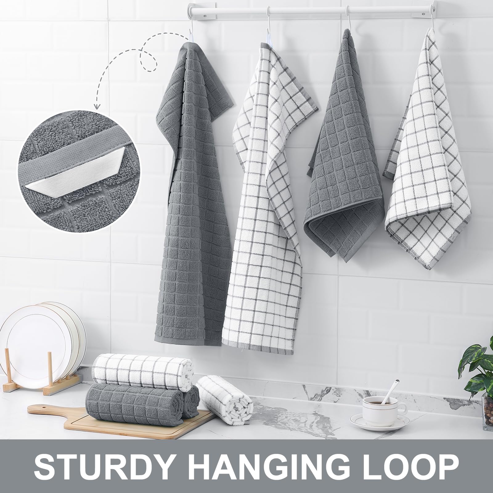Homaxy Premium Cotton Kitchen Towels 16"x 28", Large Natural Ring Spun 390 GSM Dish Towels, Super Absorbent Terry Kitchen Hand Towels, Soft Tea Towel with Hanging Loop, Grey Check Design, 6 Pack