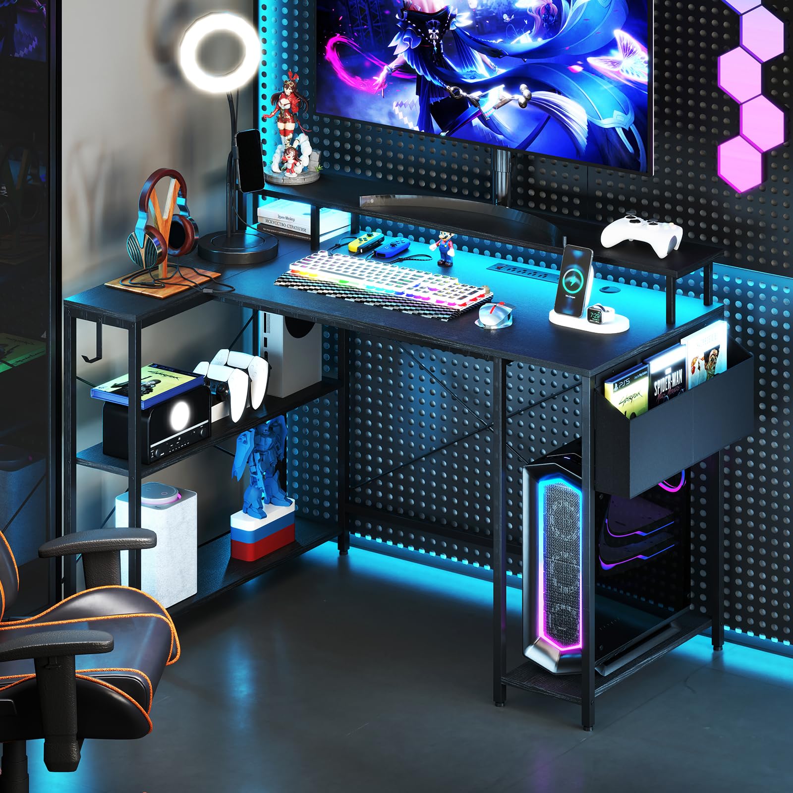 COSTWAY Scrivania Angolare da Gaming, Scrivania Salvaspazio a Forma di L con Luci LED, Stazione di Ricarica, Ripiani e Supporto per Monitor, Scrivania ad Angolo per Casa e Ufficio (Nero)