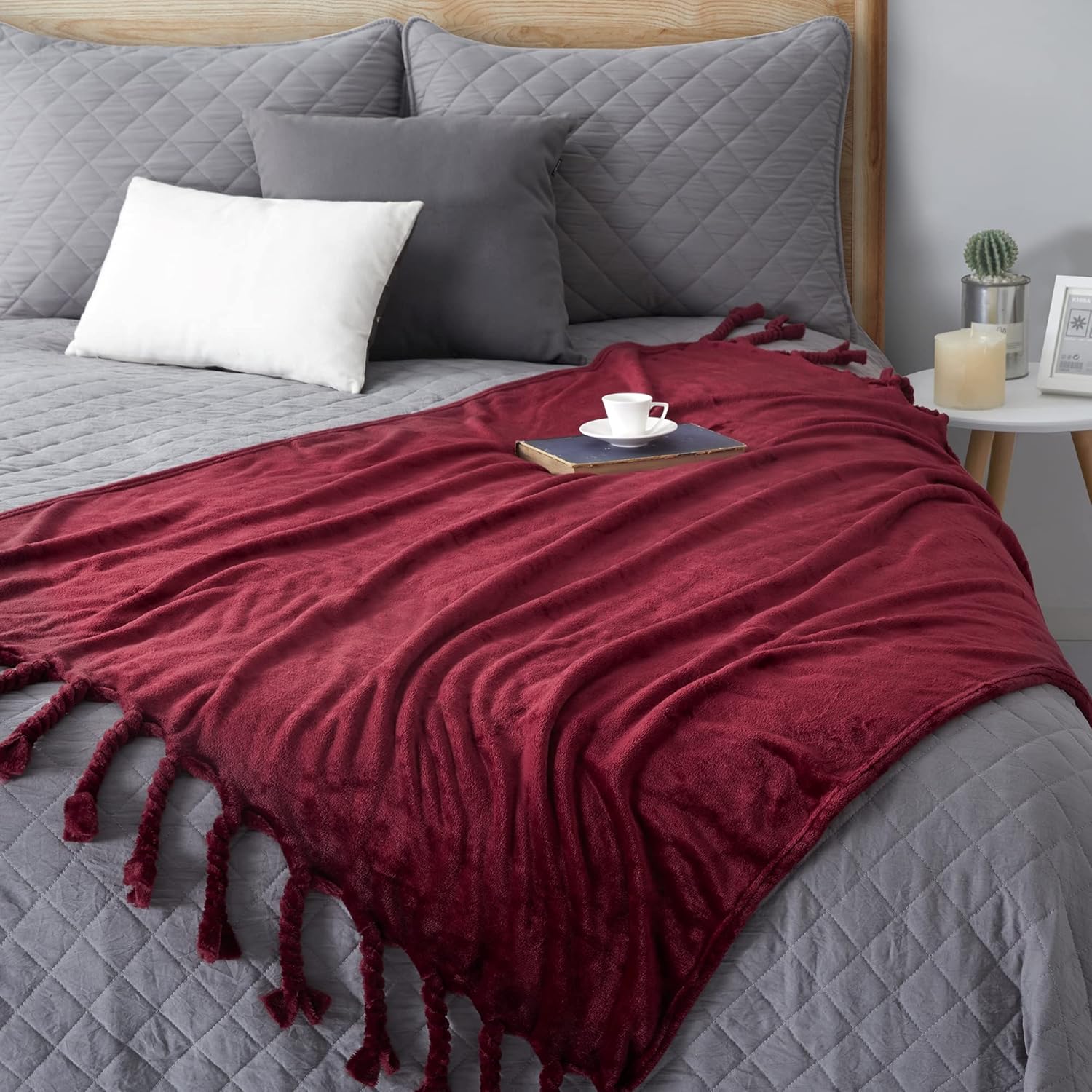 Burgundy Fleece Throw Blanket with Fringes, 50 x 60 Inch
