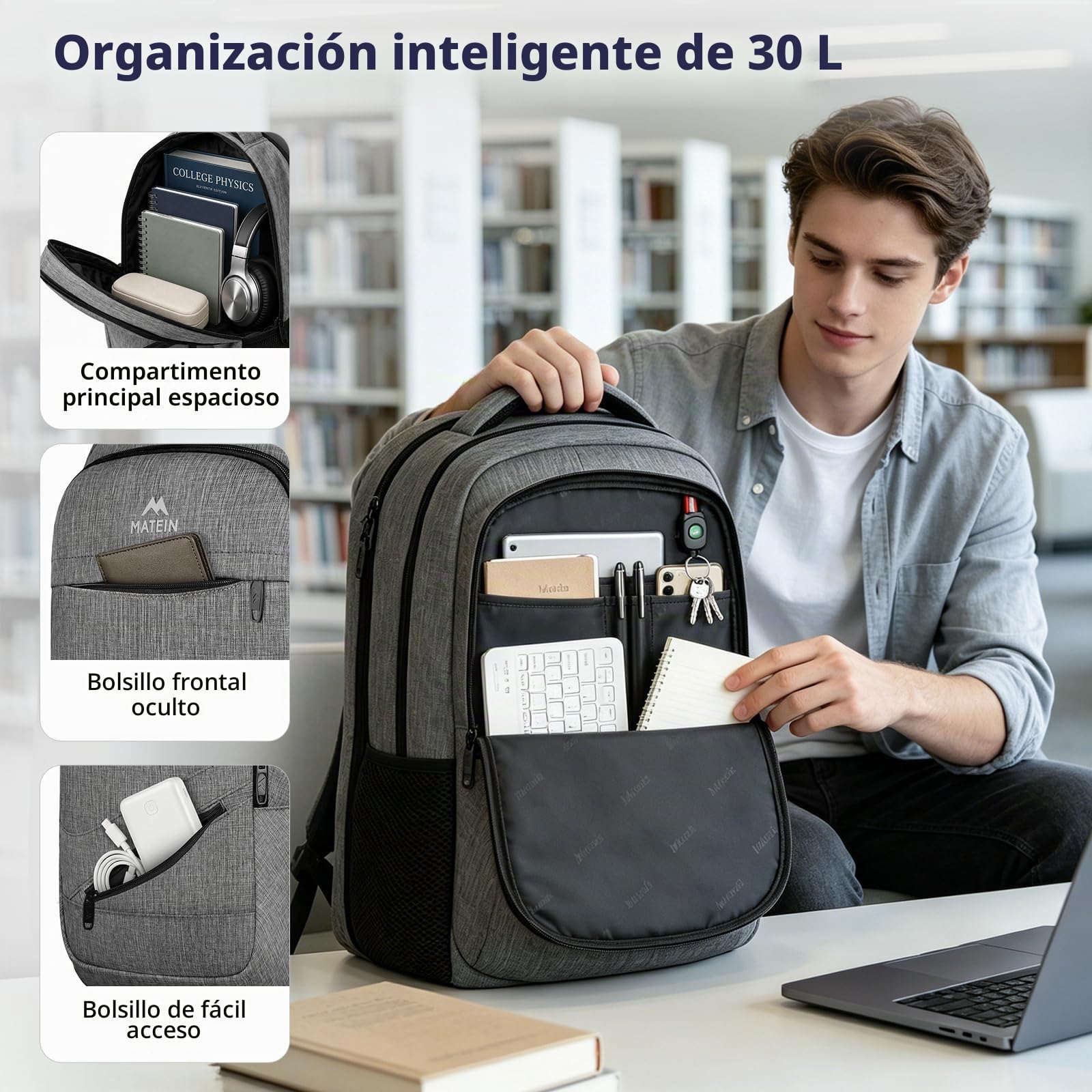 MATEIN Mochila Portátil 17 Pulgadas, Grande Hombre Mochila Impermeable Trabajo Viaje Mochilas para Portatil, Escolares Colegio Antirrobo TSA Backpack para Adolescente Mujer, Gris