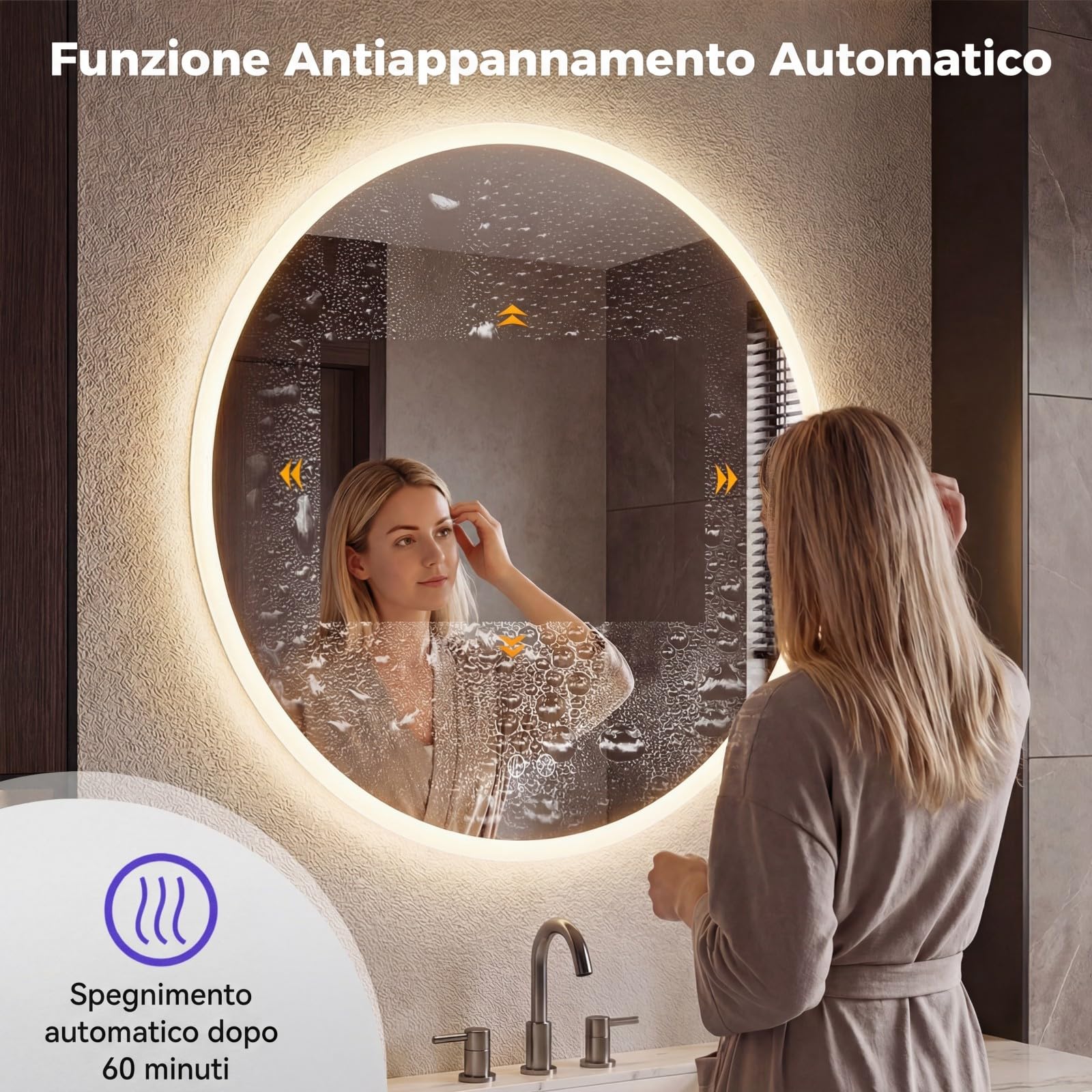 COSTWAY Specchio Rotondo con Luce 60 cm, Specchio Retroilluminato Bagno con 3 Colori Luce, Antideflagrante, Antiappannamento, Luminosità Regolabile, IP44, Memoria e Vetro Temperato HD (60 x 60 cm)