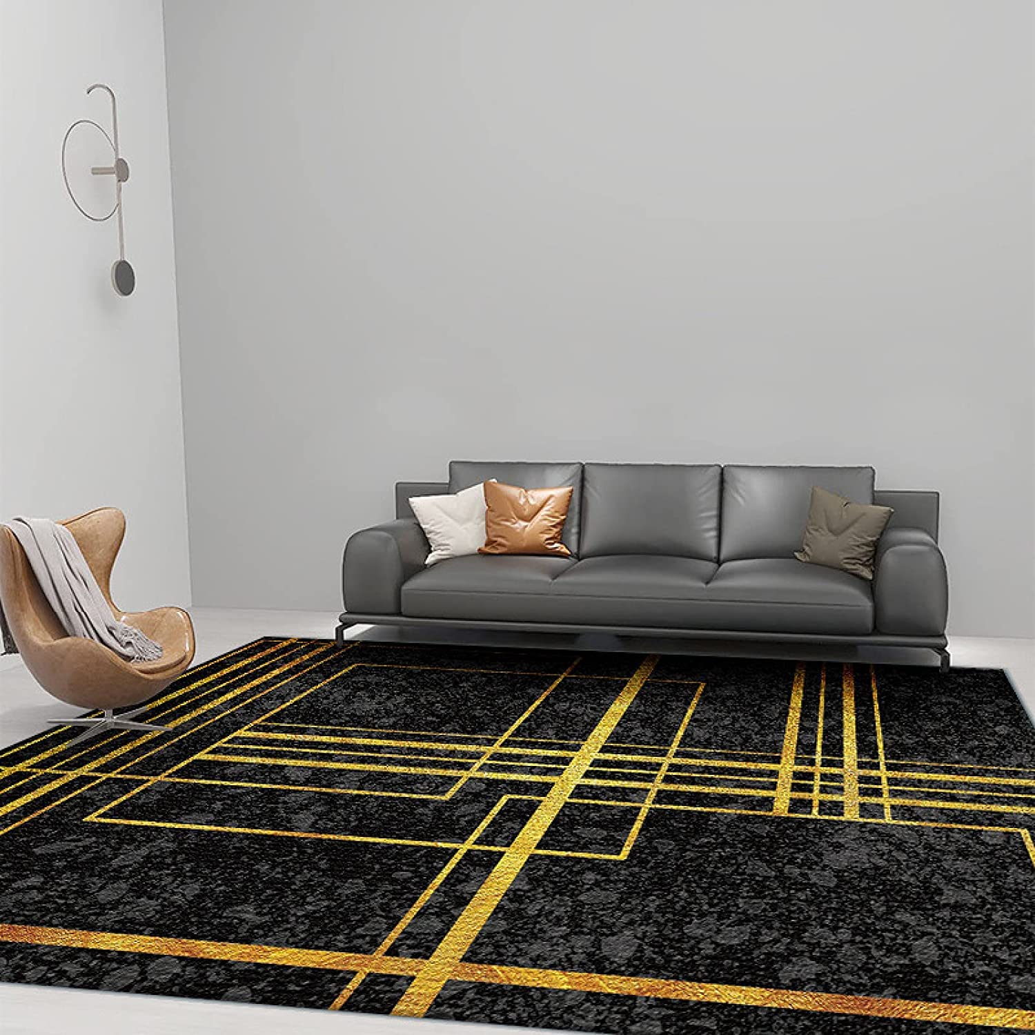 Średniej powierzchni dywan antypoślizgowy dywan 140 x 200 cm, do sypialni kuchni wejścia do salonu jadalni akademika podłoga domu, czarny, geometryczne linie, złoty, 140 x 200 cm