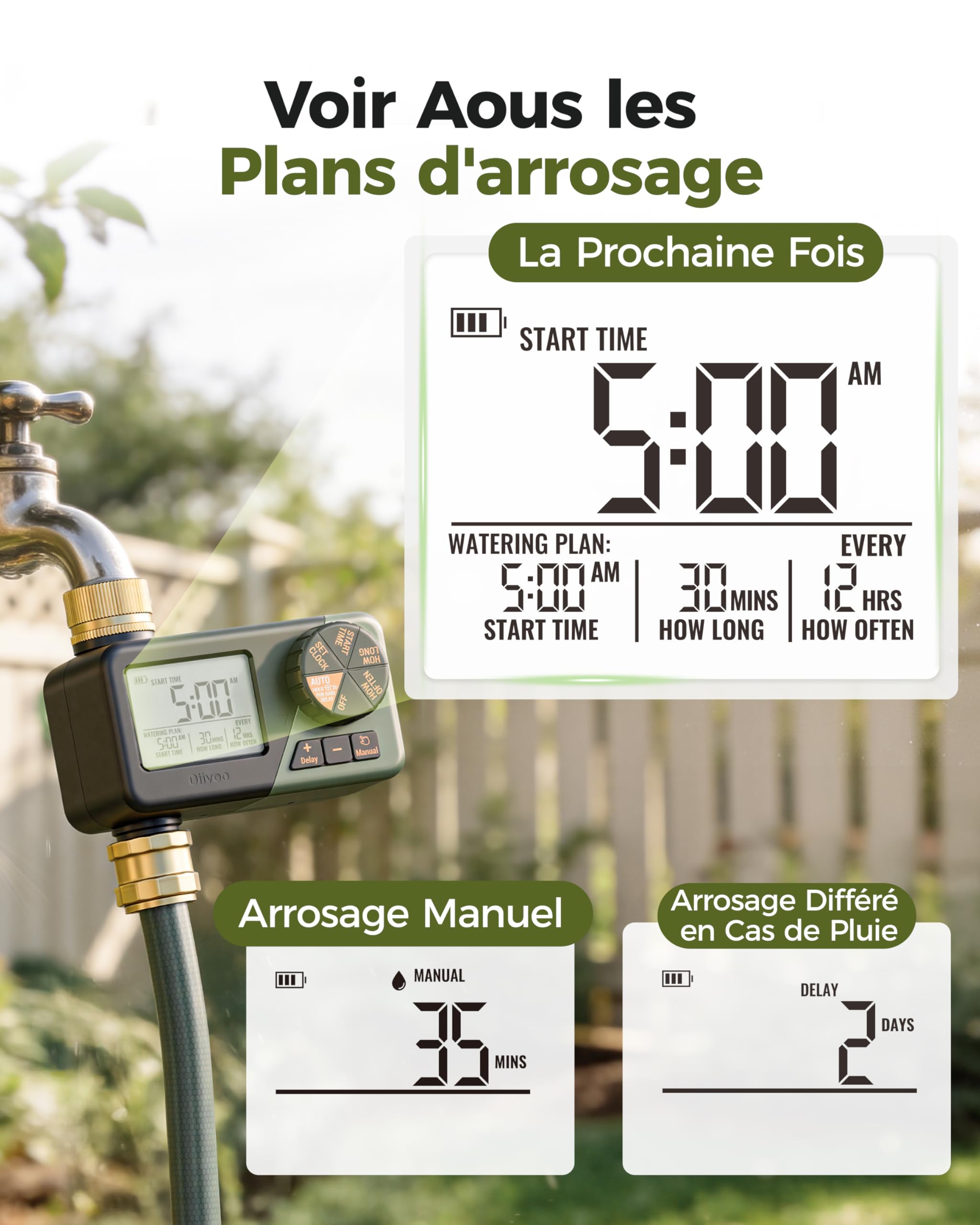 Diivoo Programmateur Arrosage Automatique avec Entrée et Sortie en Laiton, Minuteur Arrosage avec Étanchéité IP66, Grand Écran LCD, Retard de Pluie, Arrosage Manuel pour Pelouse et Jardin