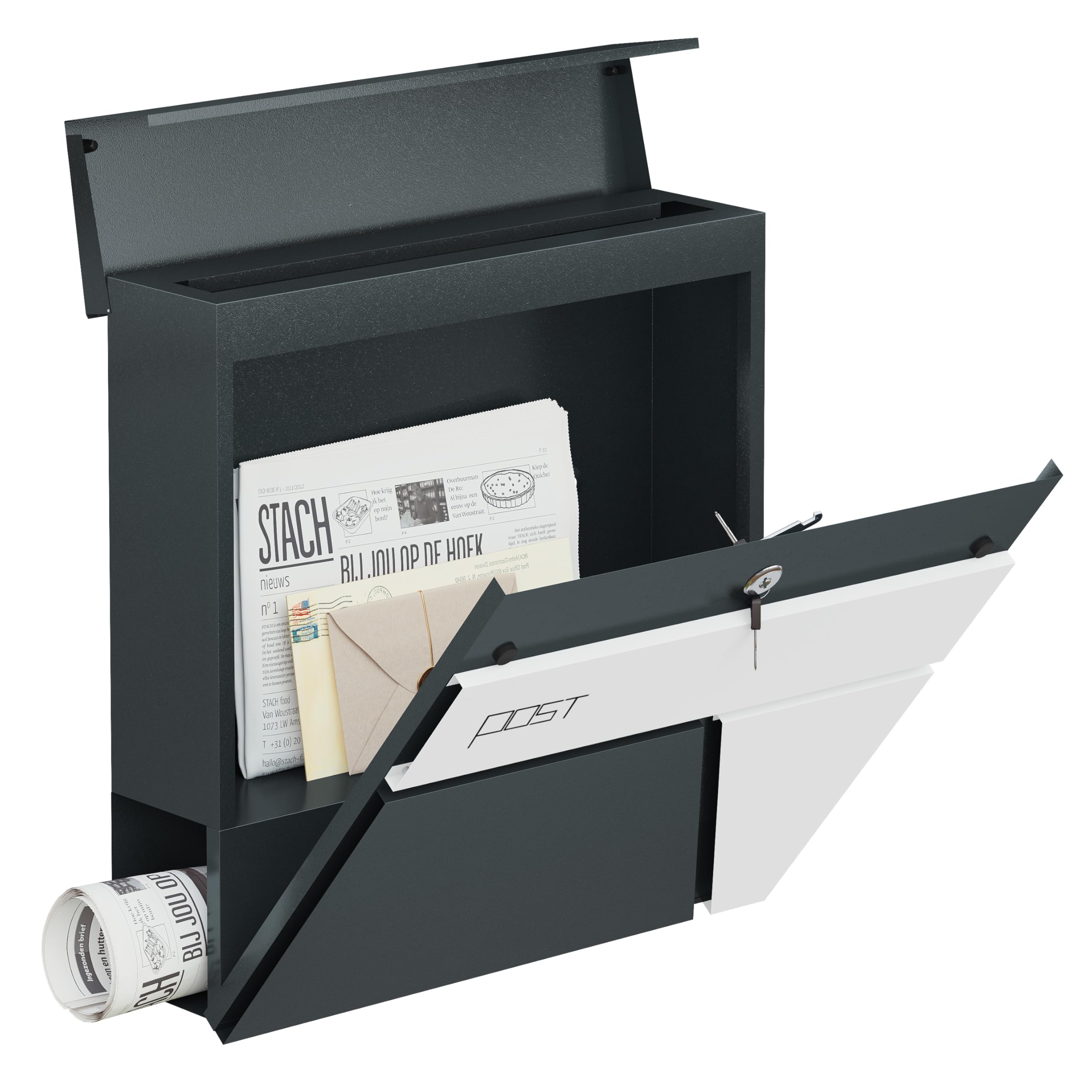 WOLTU Buzón de Correos, Buzon de Pared Moderno, Buzón Exterior de Aleación, Buzón Correo con 2 Llaves, Tapa Abatible y Zona para Periodicos, Antracita y Blanco, 37x10,5x37 cm,