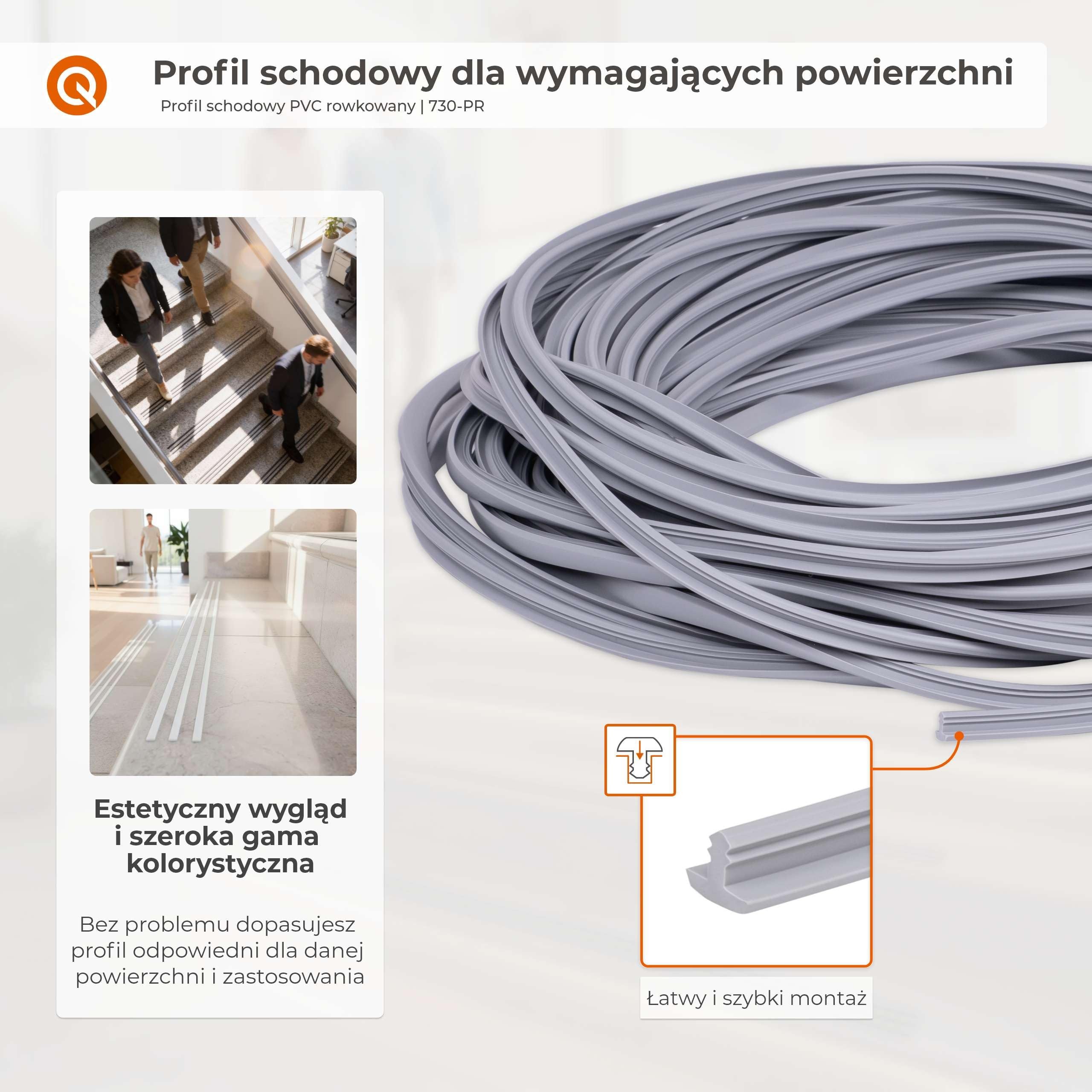 Quest profil schodowy PVC rowkowany antypoślizgowy – czarno-srebrny, 25 mb