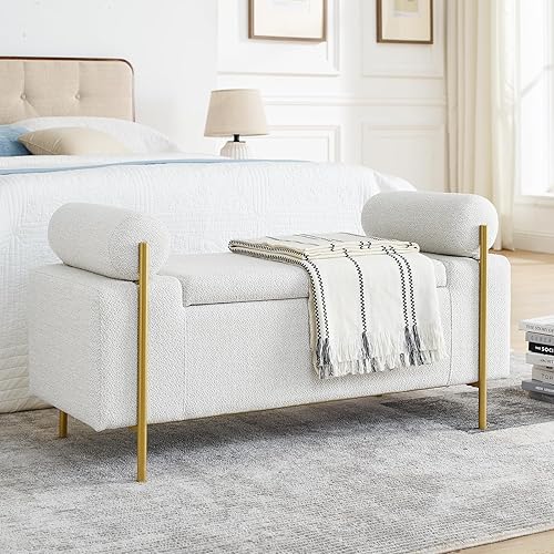 Miniatura 7 de CALABASH Banco otomano de almacenamiento de 44 pulgadas para el extremo de la cama, patas doradas, moderno banco de entrada de lino beige tapizado