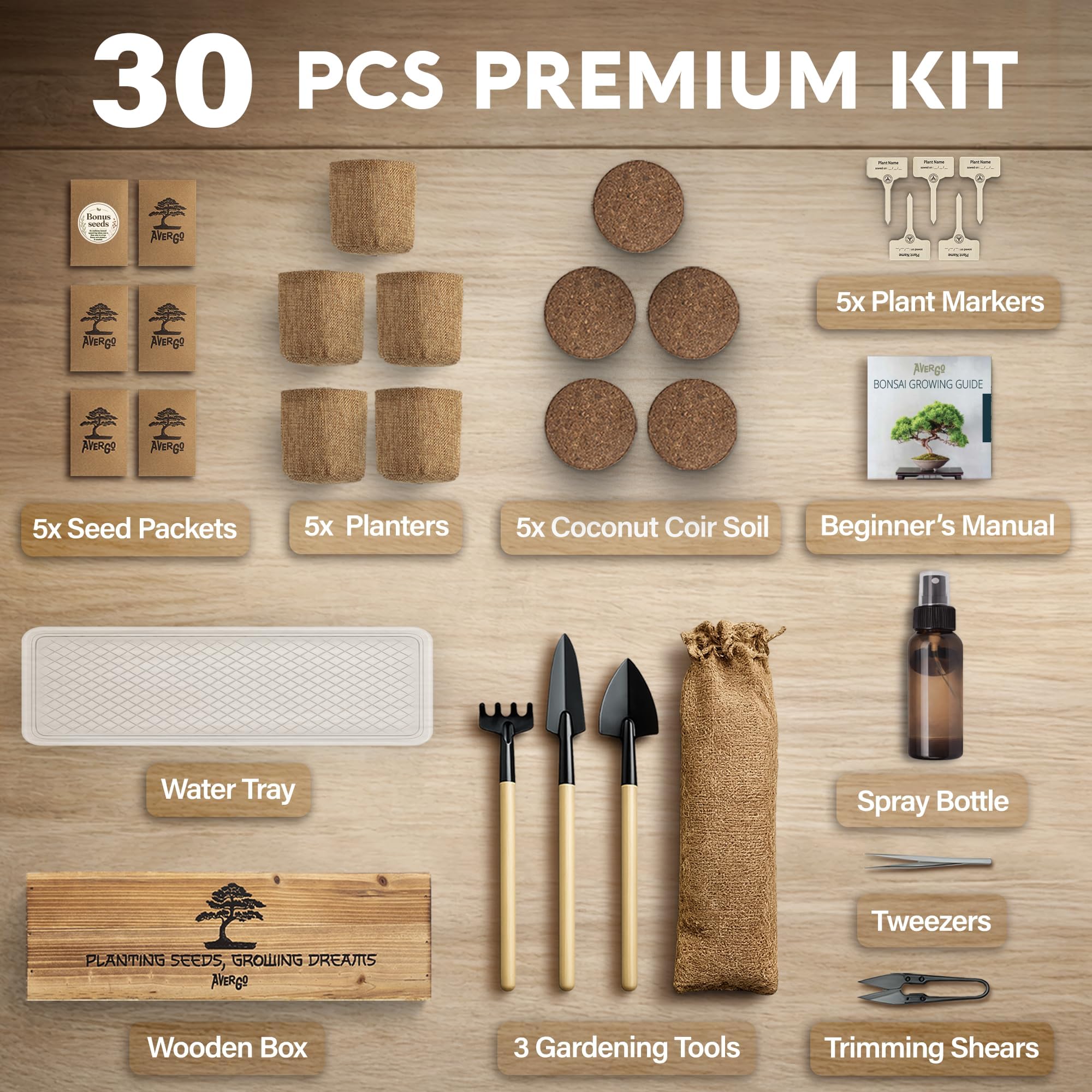 Avergo - Kit de árbol bonsái – 5 árboles de bonzai japoneses únicos | Kit completo de inicio para el cultivo de plantas de bonsái con herramientas y macetas, regalos de jardinería para mujeres y