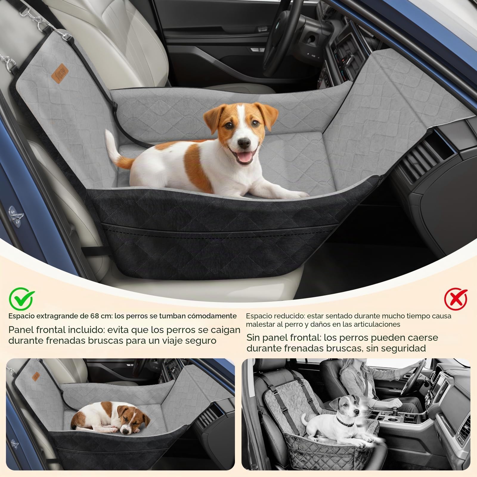 Asiento Elevado para Perros, Asiento de Coche para Mascotas Pequeñas y Medianas hasta 16kg, Cama de Coche Lavable con Espuma Ultra Suave, 3 Cinturones de Seguridad y 2 Bolsillos, Negro + Gris