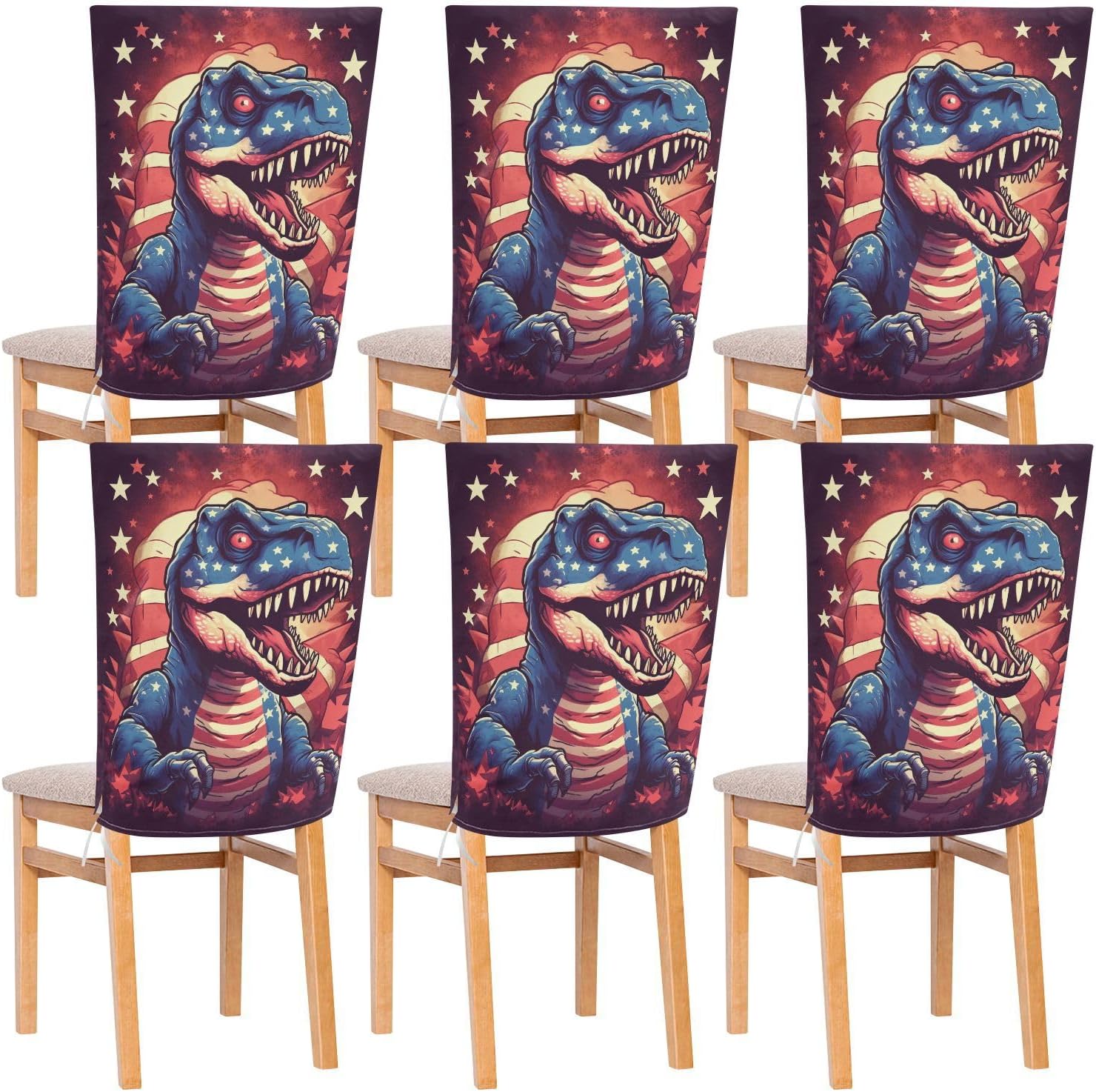 ALAZA Dinosaur and USA Stars Chair Back Cover Set of 6, Washable Reusable Removable Chair Slipcovers Decorative Chair Cover for Home Kitchen Wedding Party